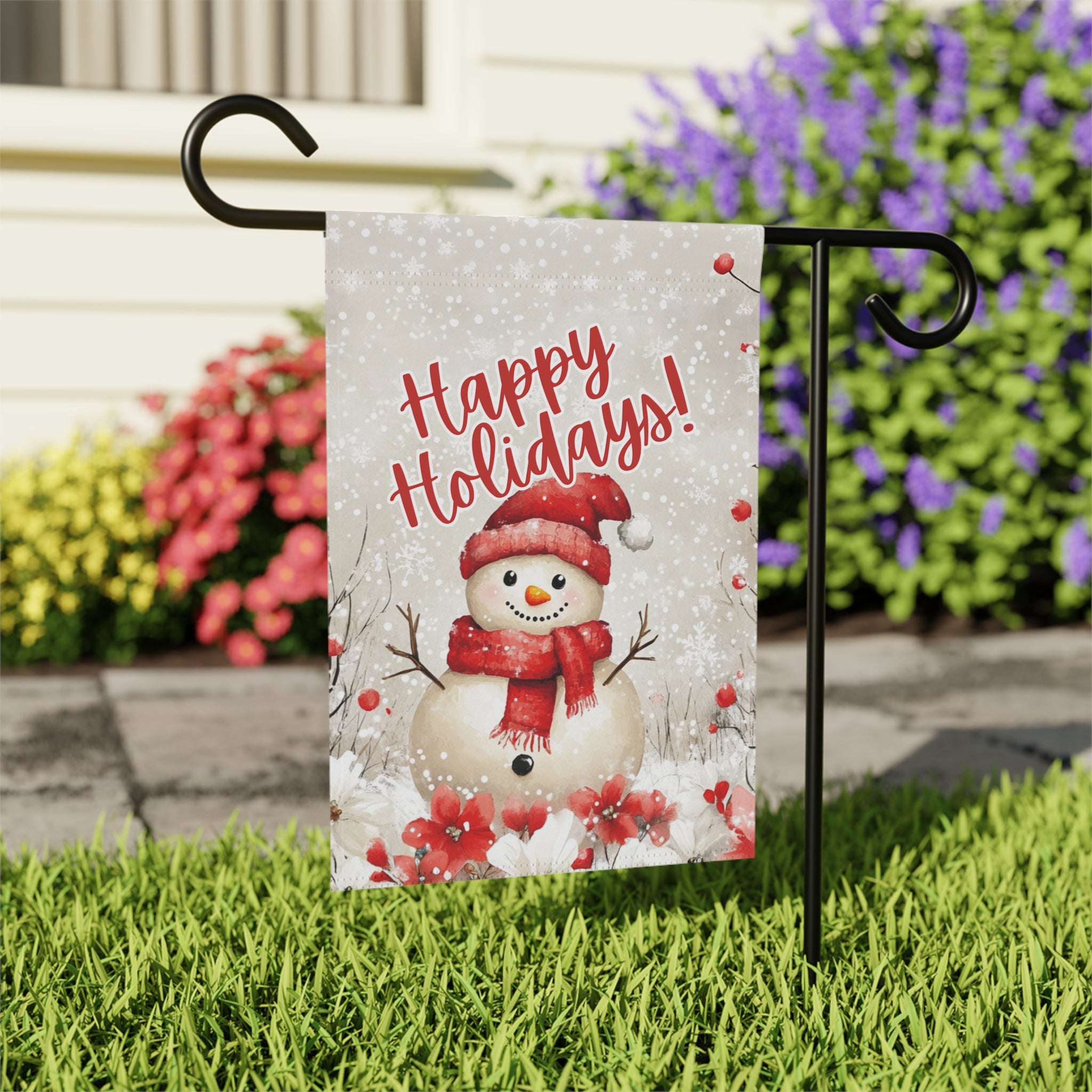 Happy Holidays Snowman Garden Flag - outdoor display - Dragonfire Gardens