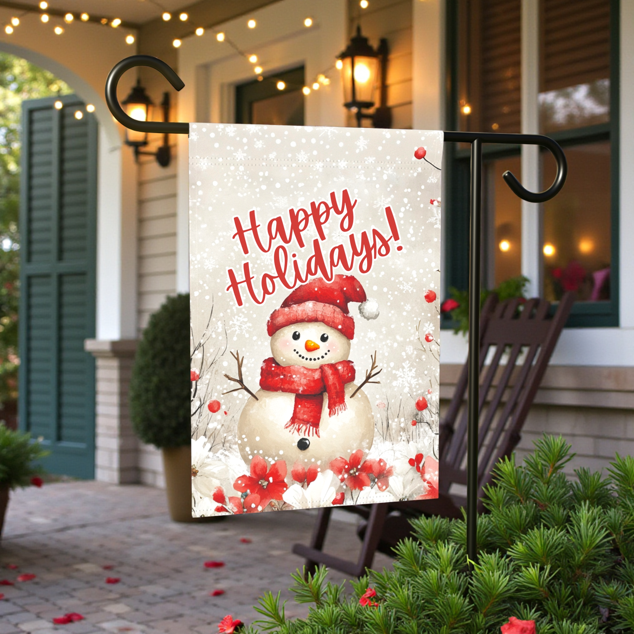 Happy Holidays Snowman Garden Flag - lifestyle display - Dragonfire Gardens