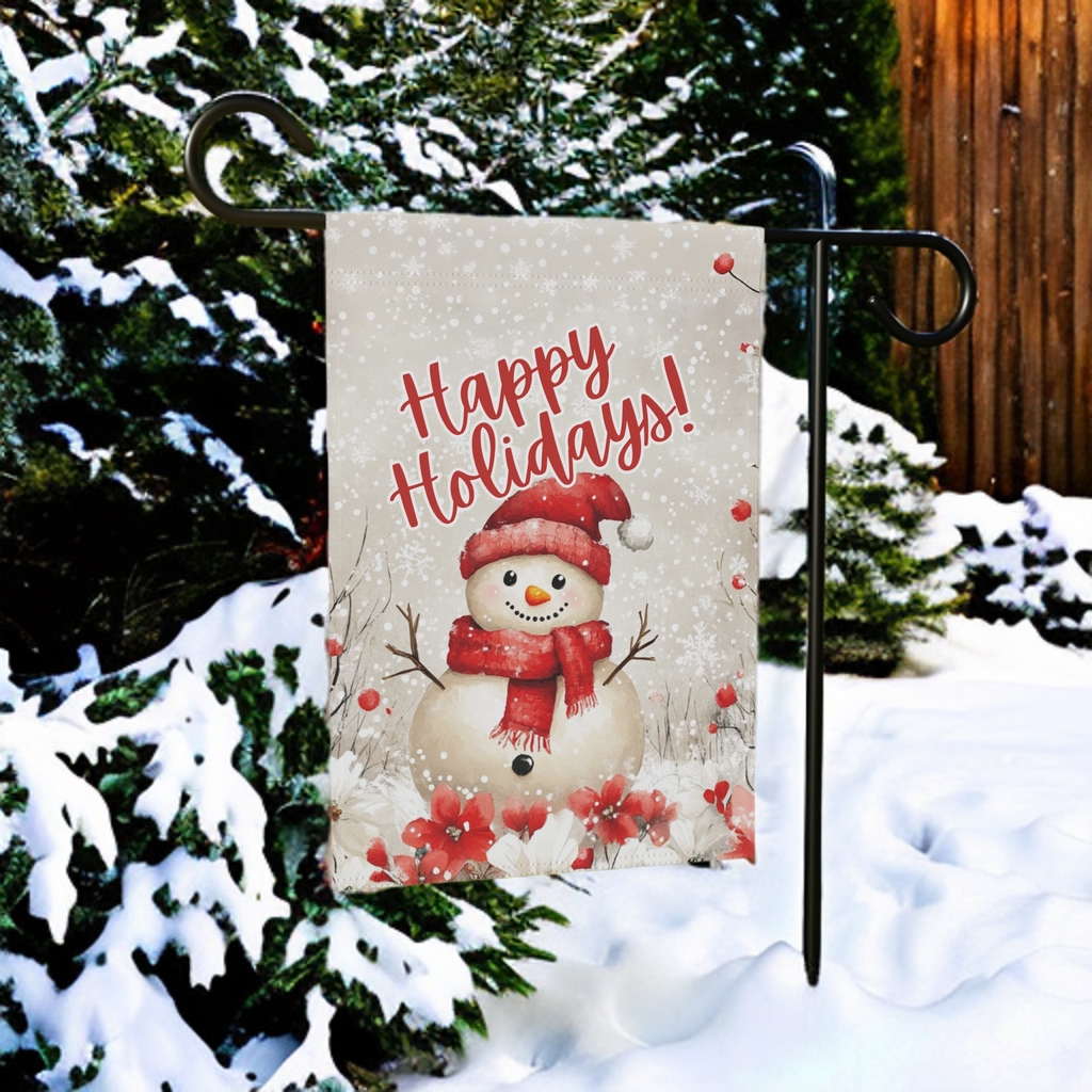 Happy Holidays Snowman Garden Flag - size comparison - Dragonfire Gardens