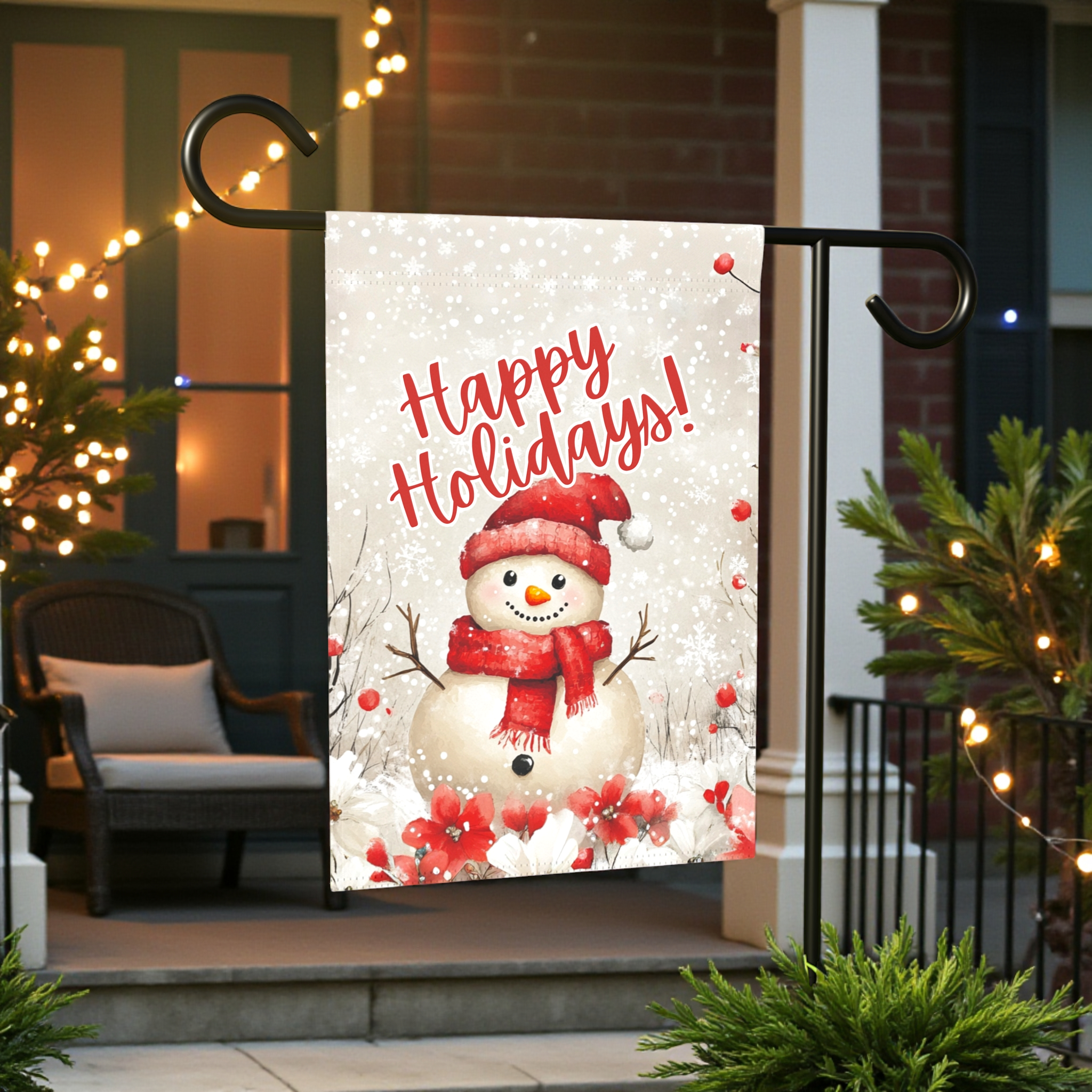 Happy Holidays Snowman Garden Flag - front view - Dragonfire Gardens