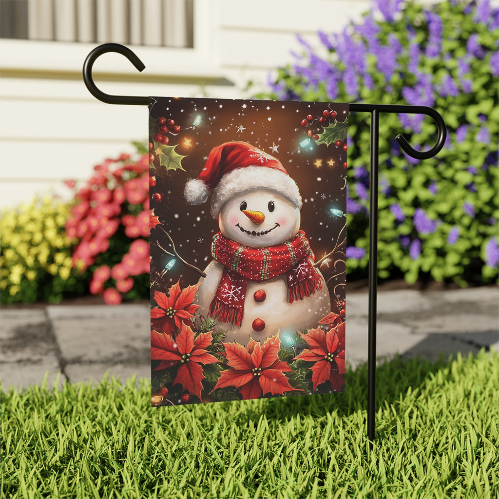 Poinsettia Snowman Garden Flag - outdoor display - Dragonfire Gardens