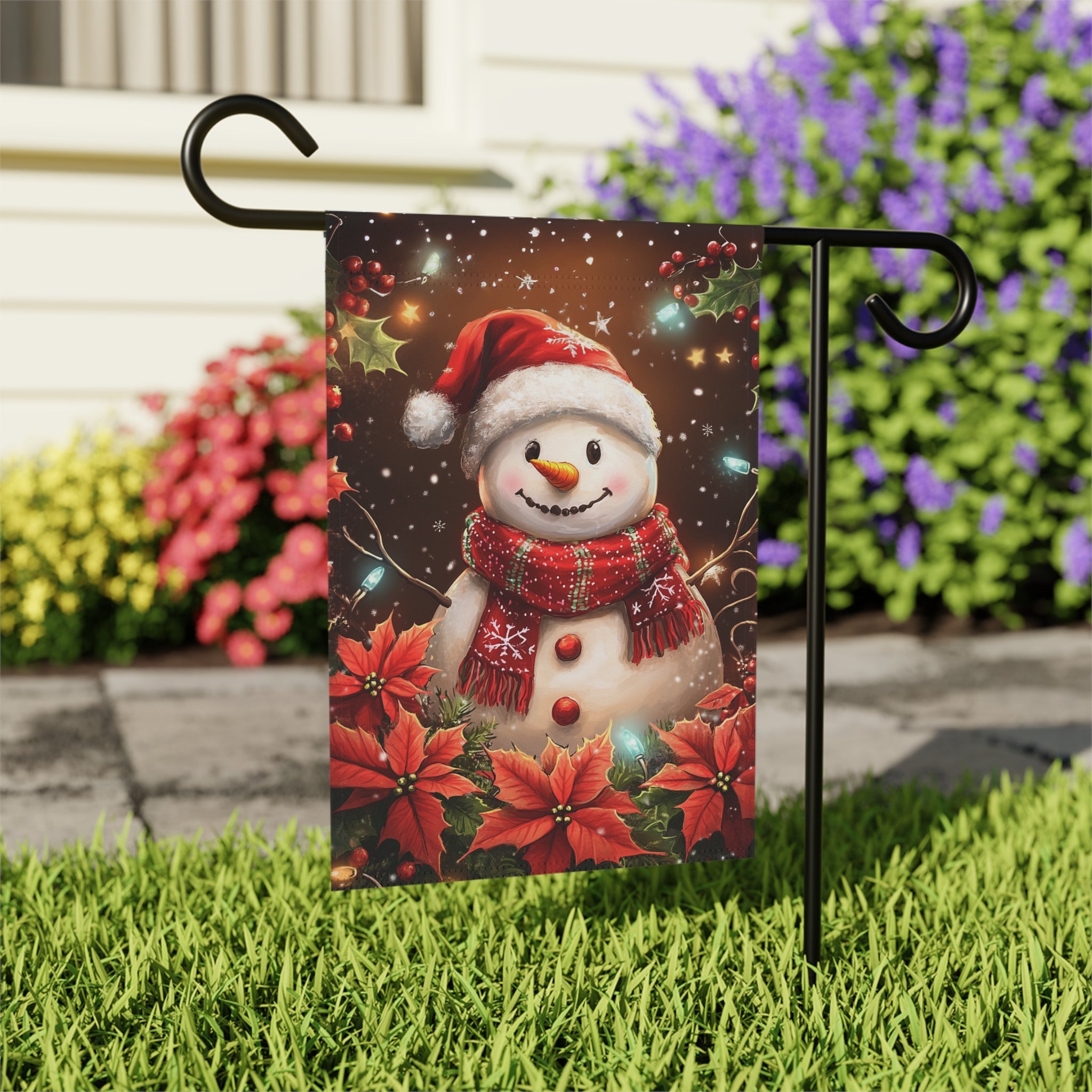 Poinsettia Snowman Garden Flag - outdoor display - Dragonfire Gardens