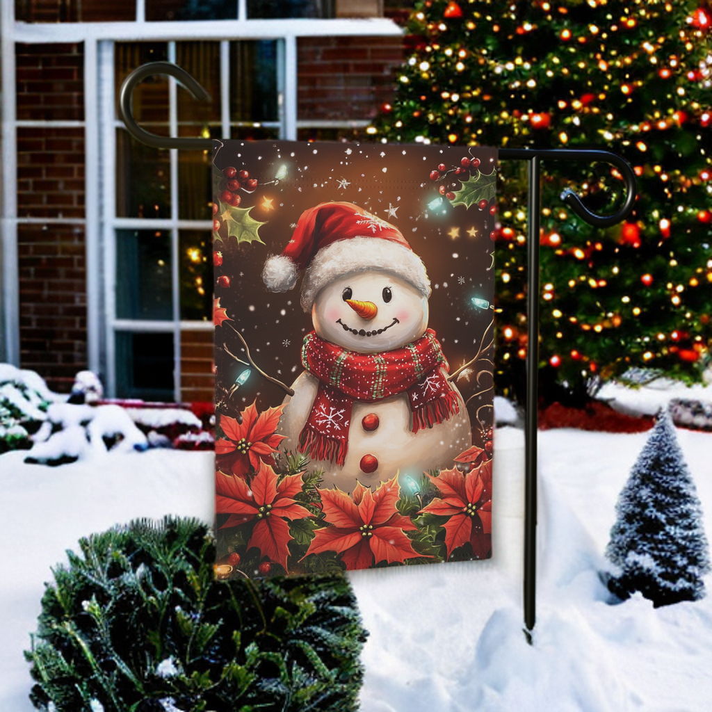 Poinsettia Snowman Garden Flag - size comparison - Dragonfire Gardens