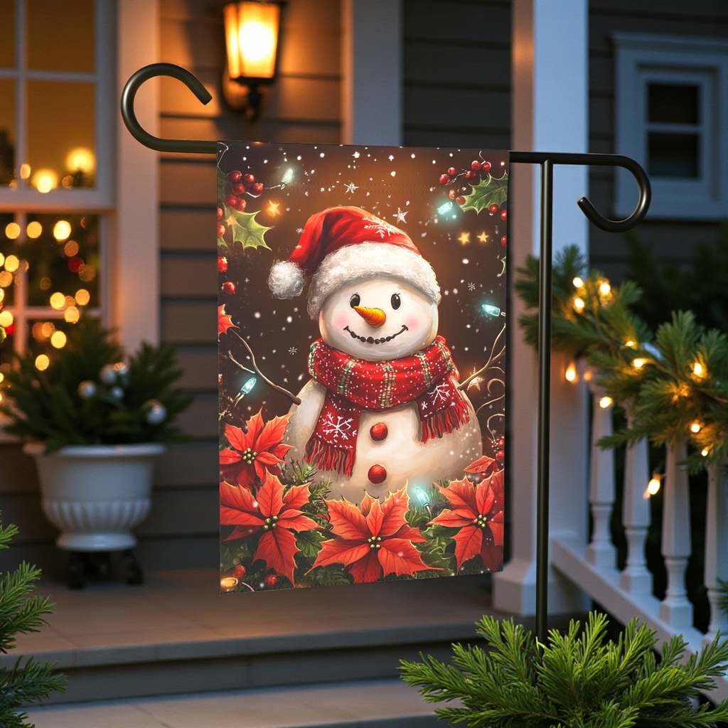Poinsettia Snowman Garden Flag - front view - Dragonfire Gardens