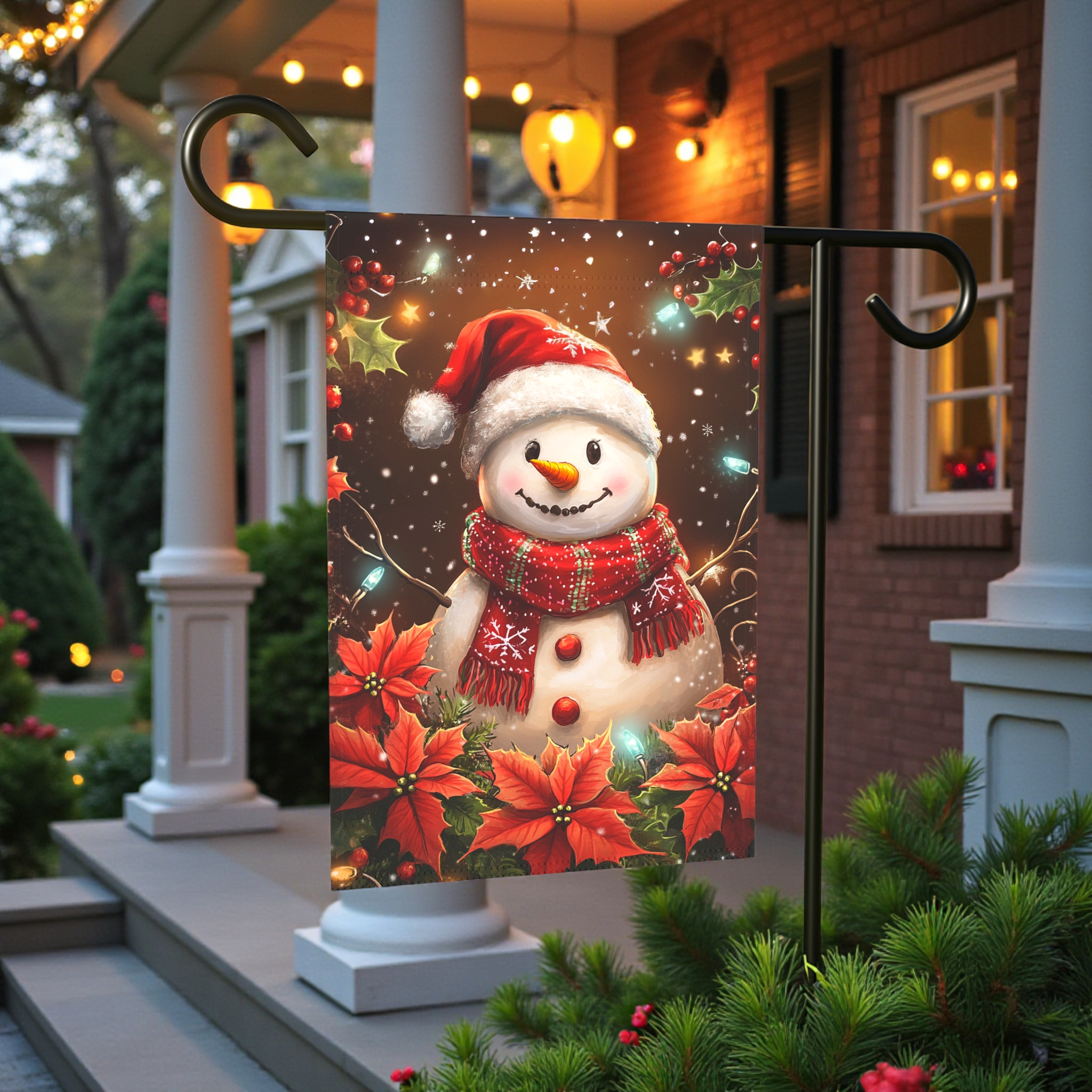 Poinsettia Snowman Garden Flag - lifestyle display - Dragonfire Gardens