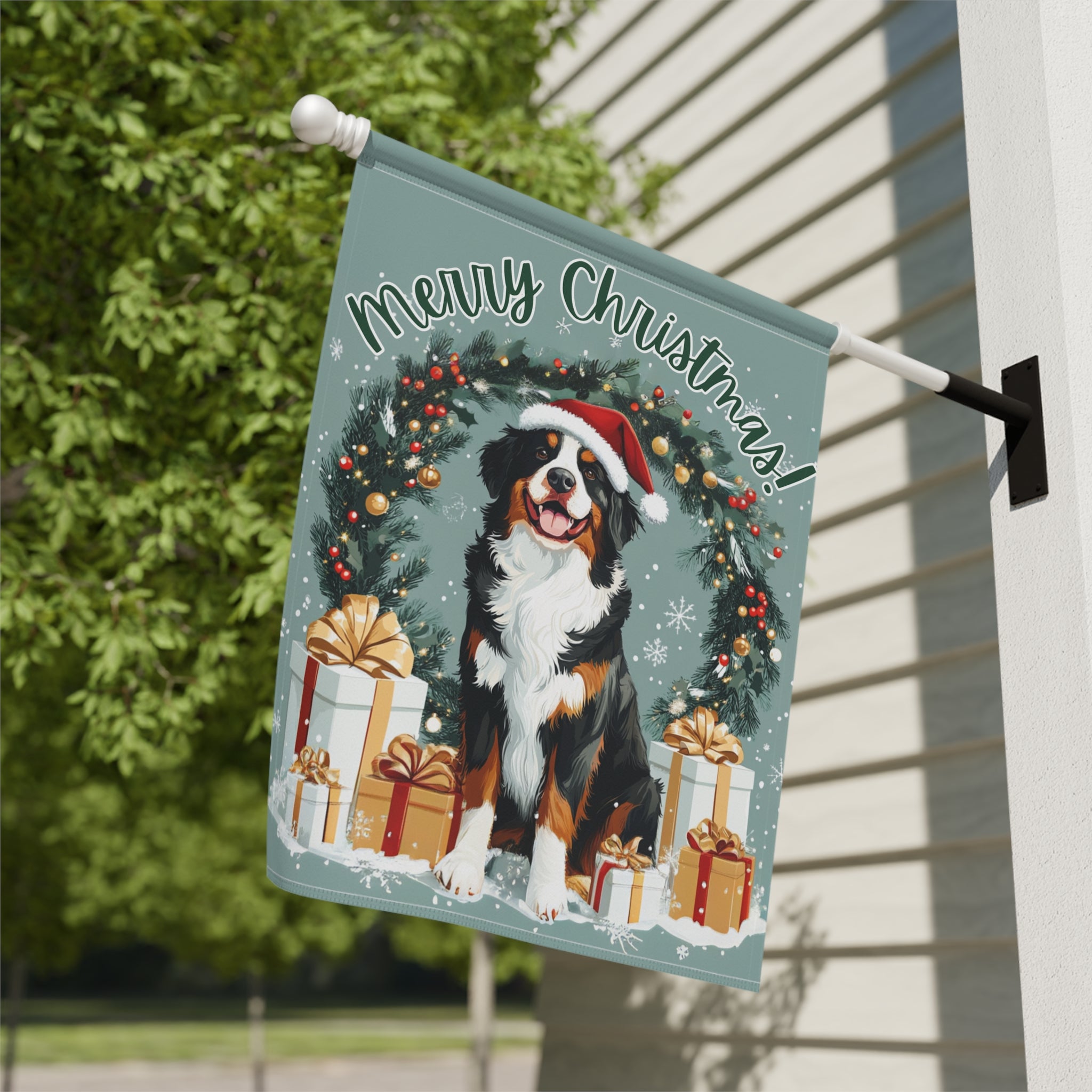 Merry Christmas Burnese Mountain Dog Garden Flag - close-up detail - Dragonfire Gardens