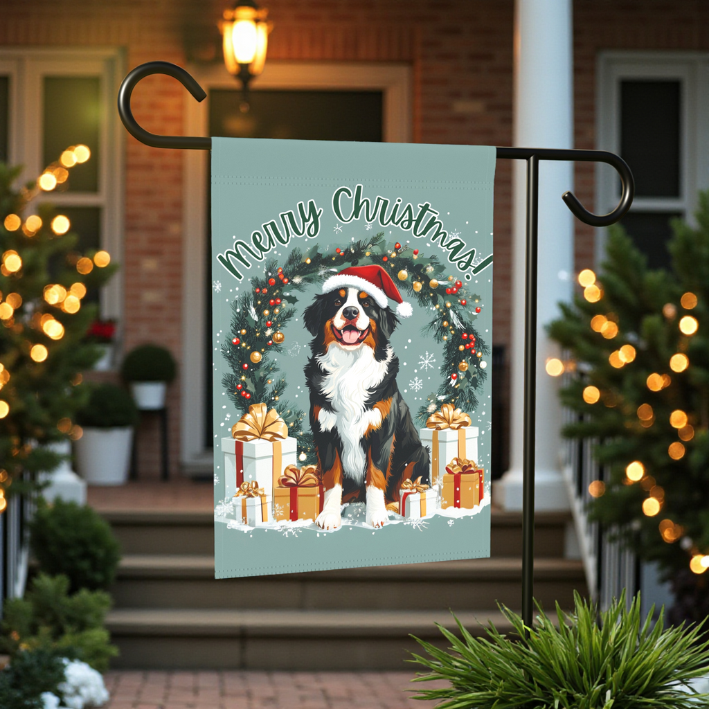 Merry Christmas Burnese Mountain Dog Garden Flag - front view - Dragonfire Gardens