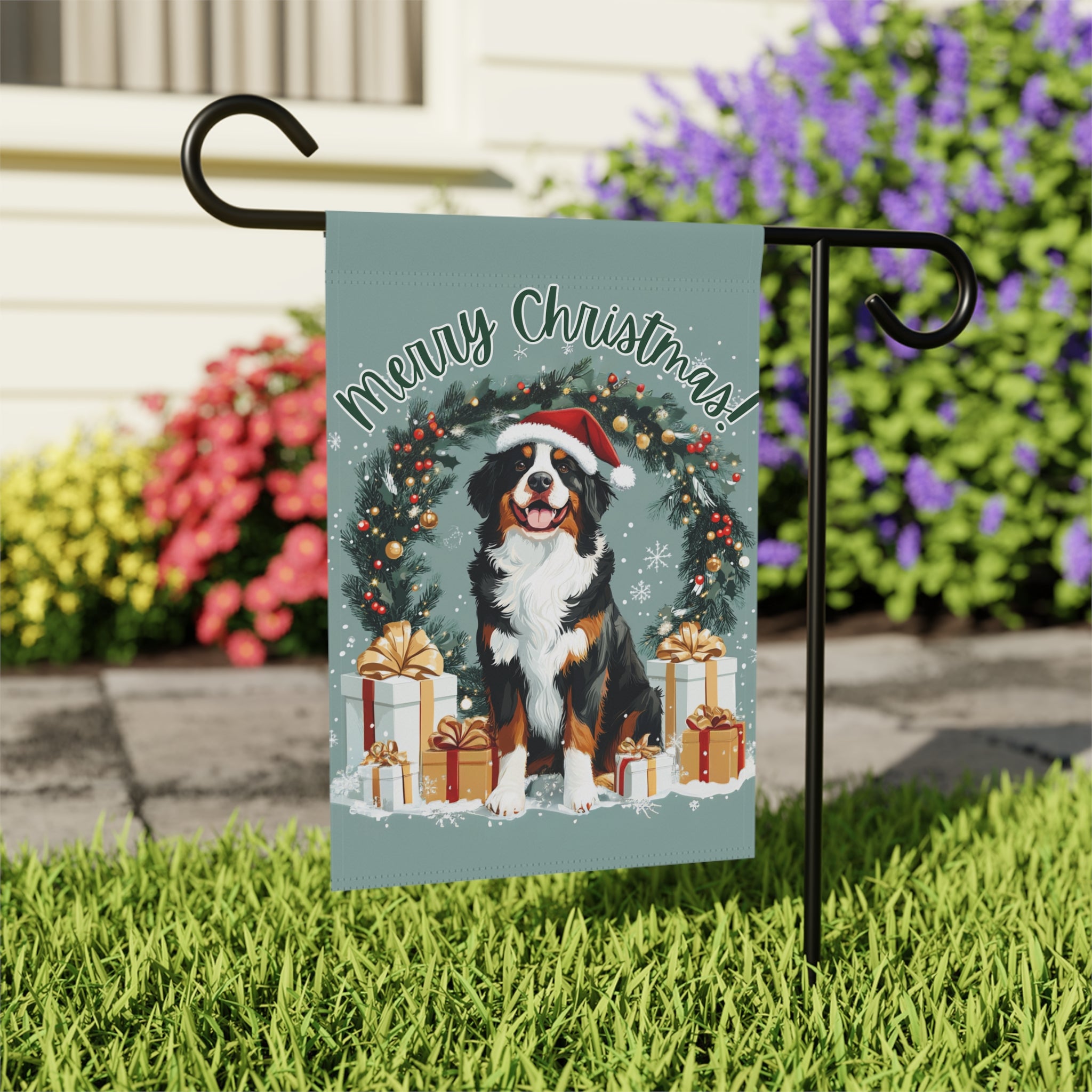 Merry Christmas Burnese Mountain Dog Garden Flag - outdoor display - Dragonfire Gardens