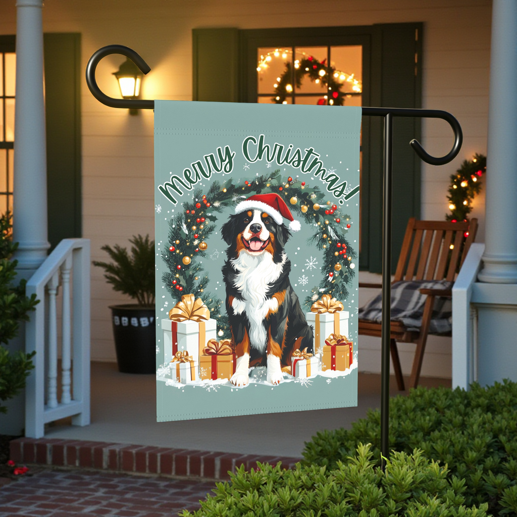 Merry Christmas Burnese Mountain Dog Garden Flag - lifestyle display - Dragonfire Gardens