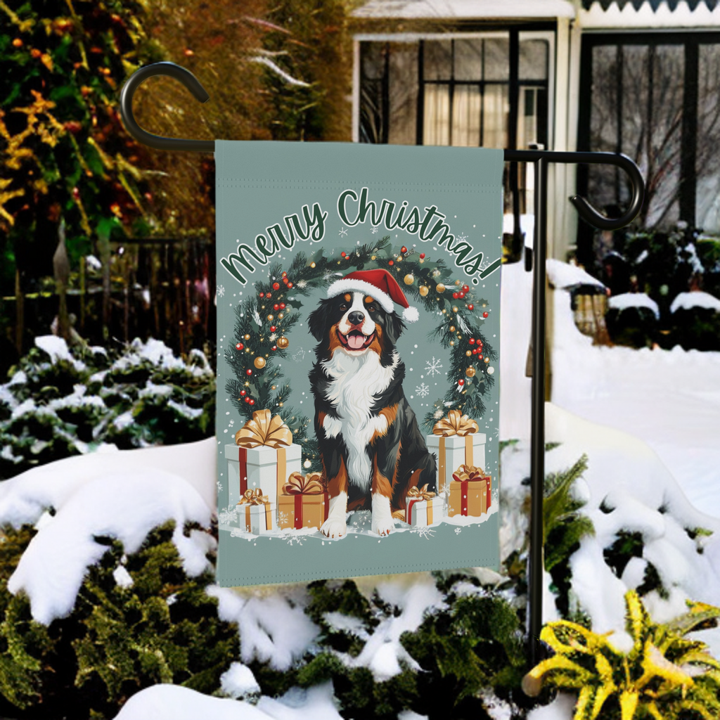 Merry Christmas Burnese Mountain Dog Garden Flag - size comparison - Dragonfire Gardens