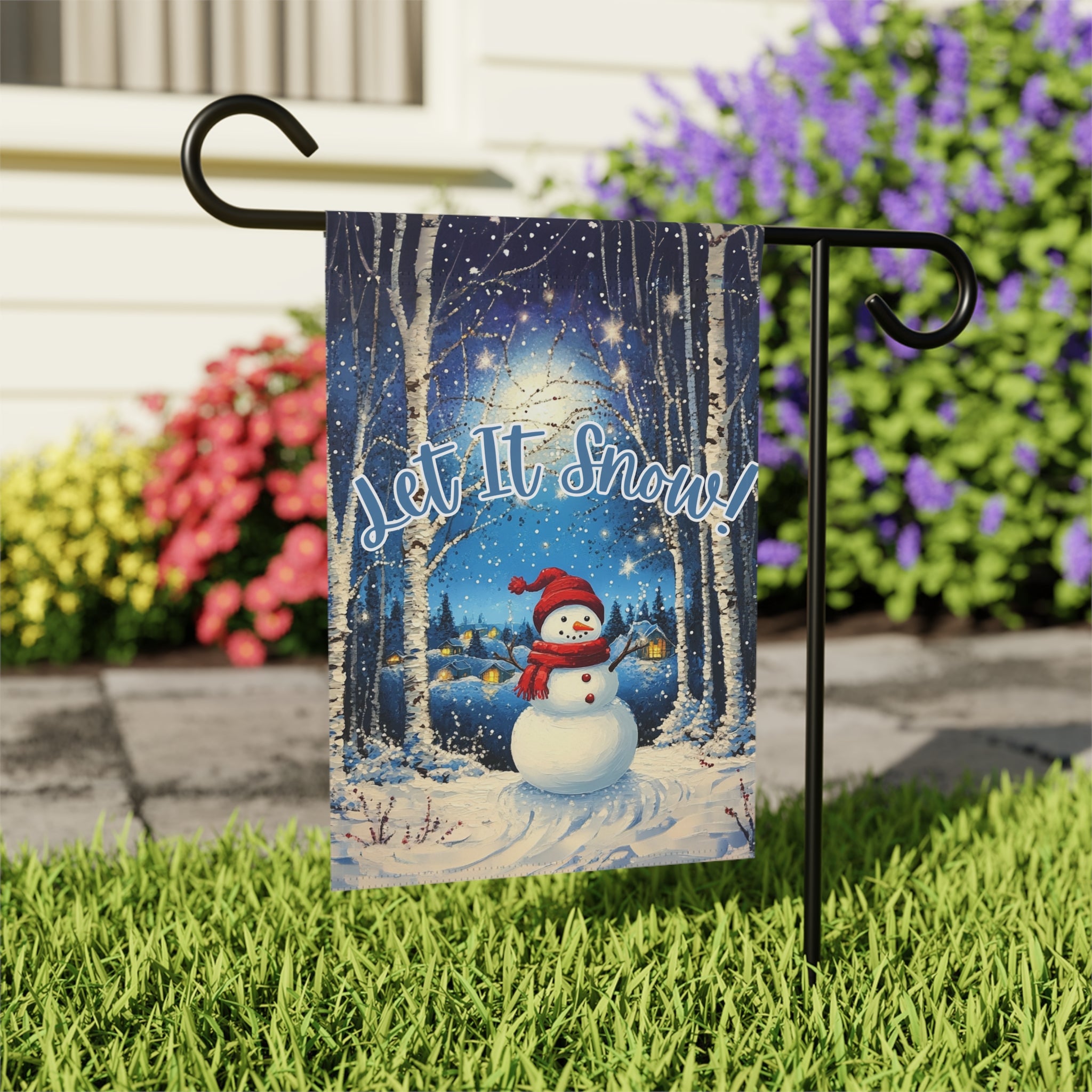 Snowman Let It Snow Garden Flag - outdoor display - Dragonfire Gardens