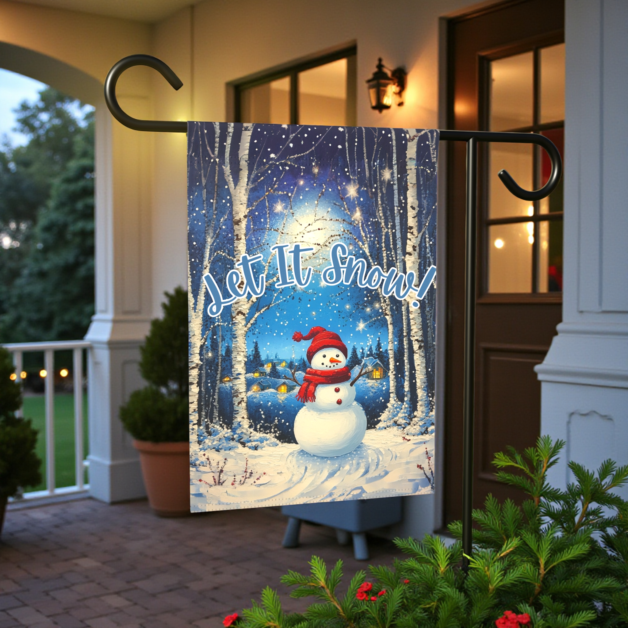 Snowman Let It Snow Garden Flag - size comparison - Dragonfire Gardens