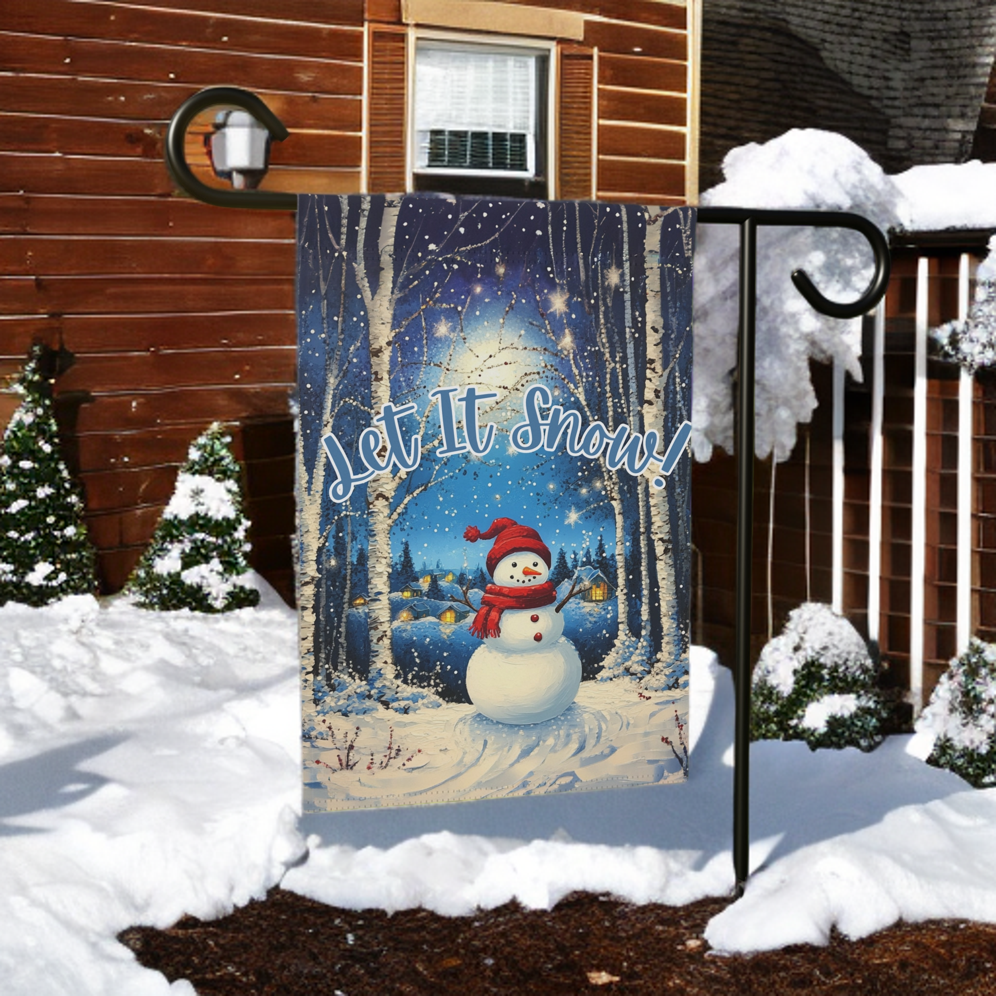Snowman Let It Snow Garden Flag - lifestyle display - Dragonfire Gardens