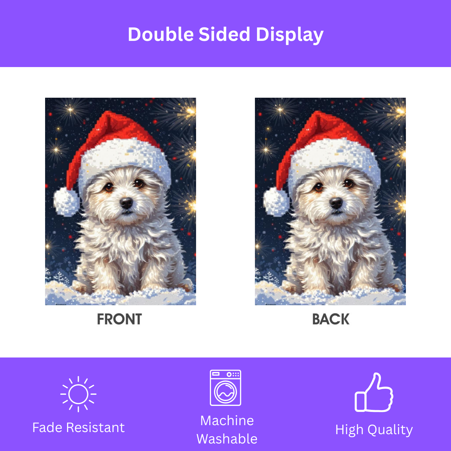 White Fluffy Christmas Puppy Garden Flag - double-sided design - Dragonfire Gardens