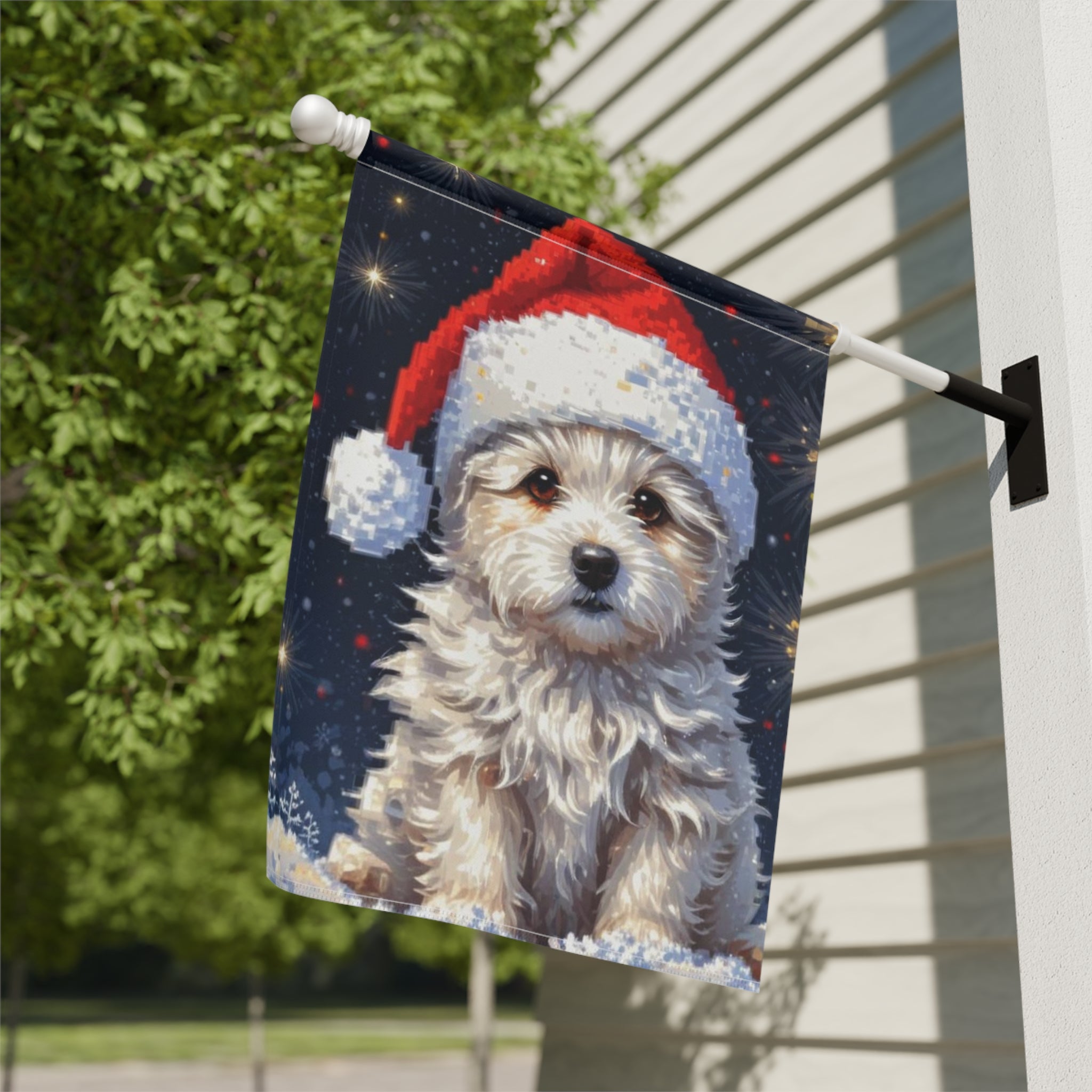 White Fluffy Christmas Puppy Garden Flag - close-up detail - Dragonfire Gardens