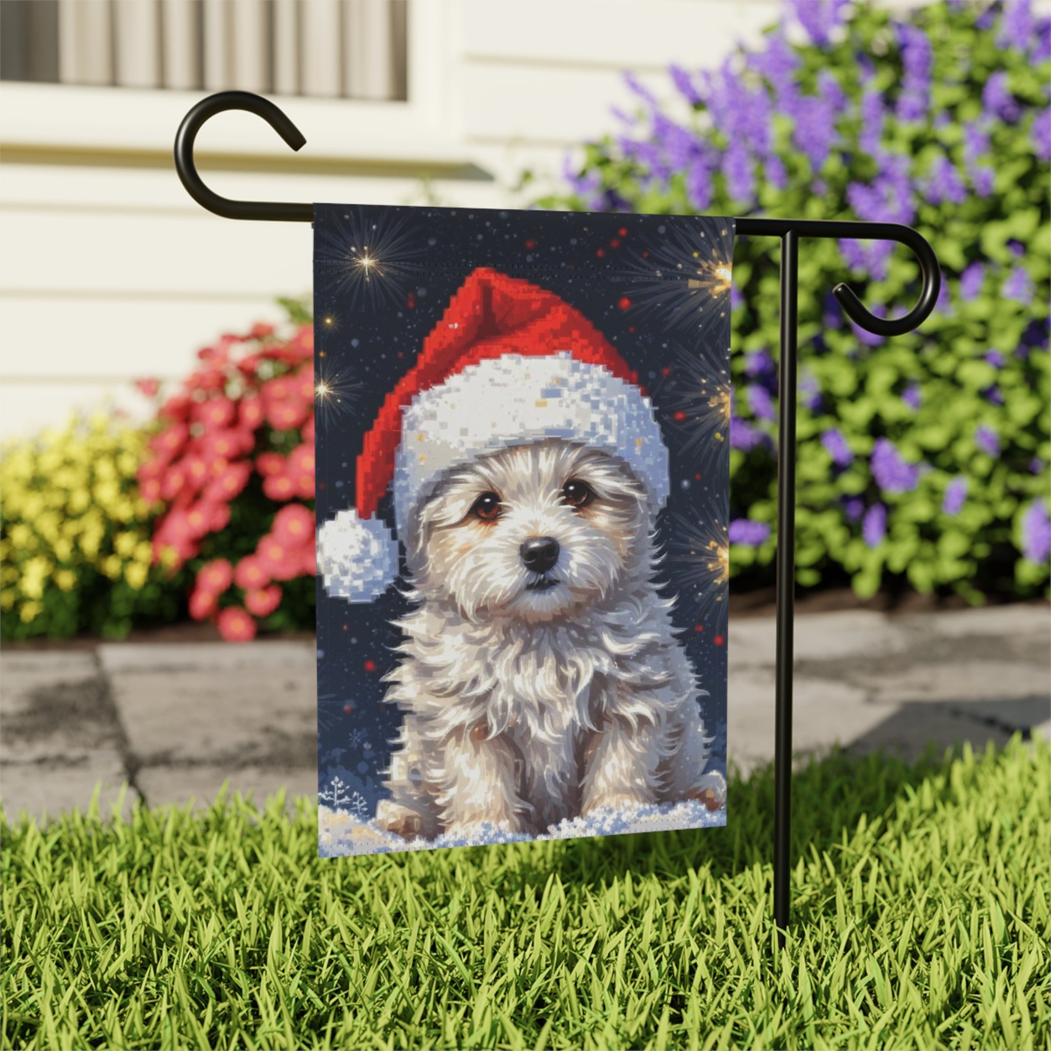 White Fluffy Christmas Puppy Garden Flag - outdoor display - Dragonfire Gardens
