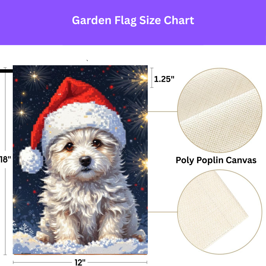 White Fluffy Christmas Puppy Garden Flag - yard display - Dragonfire Gardens