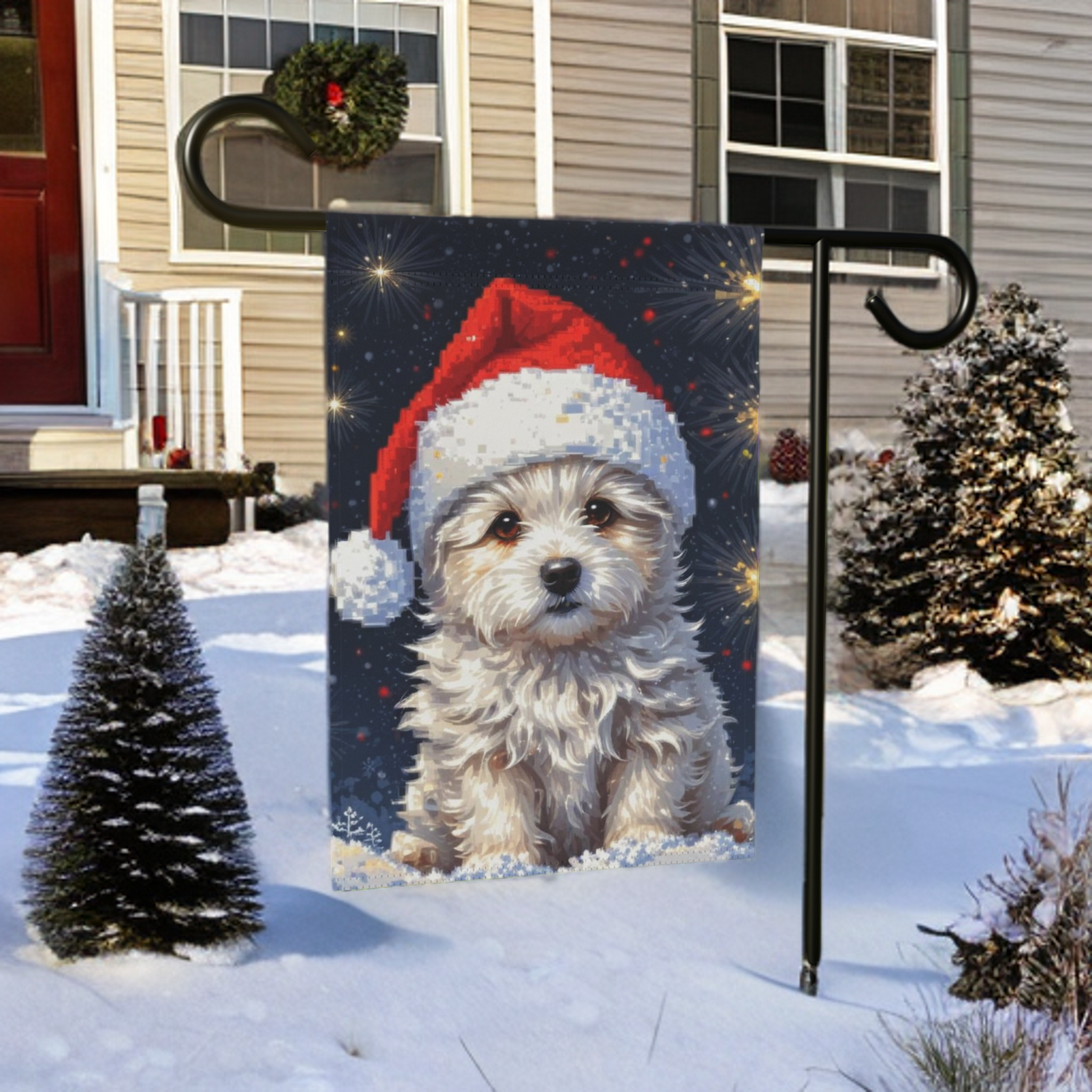 White Fluffy Christmas Puppy Garden Flag - size comparison - Dragonfire Gardens