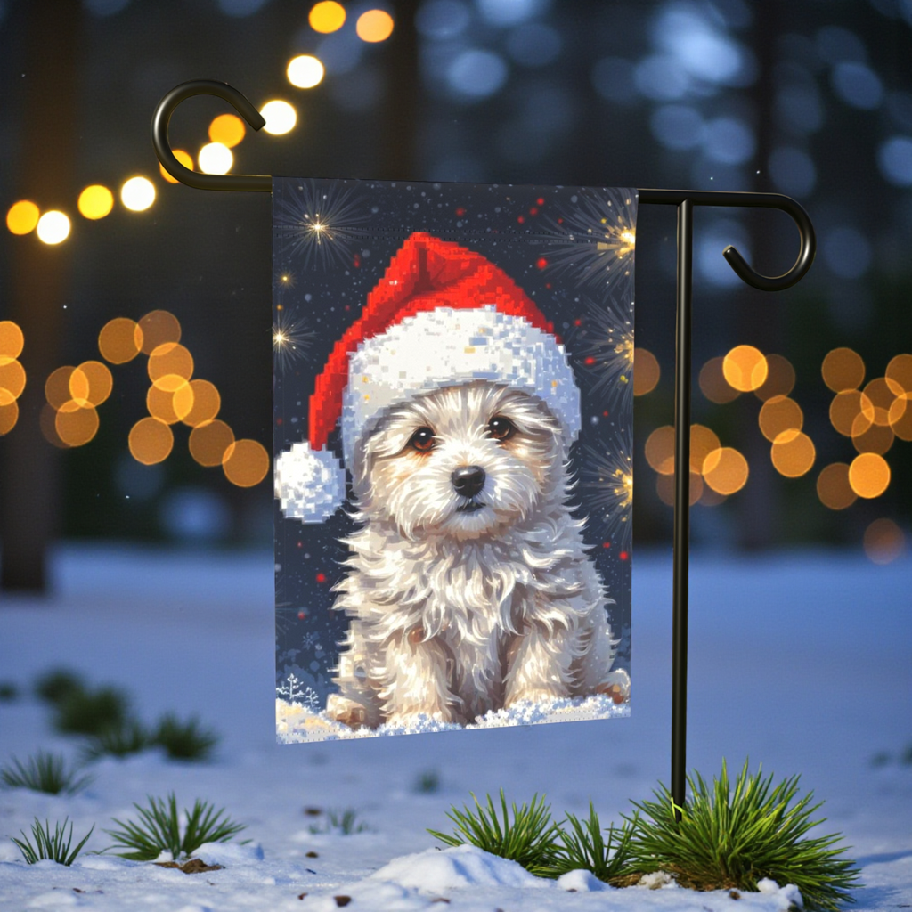 White Fluffy Christmas Puppy Garden Flag - front view - Dragonfire Gardens
