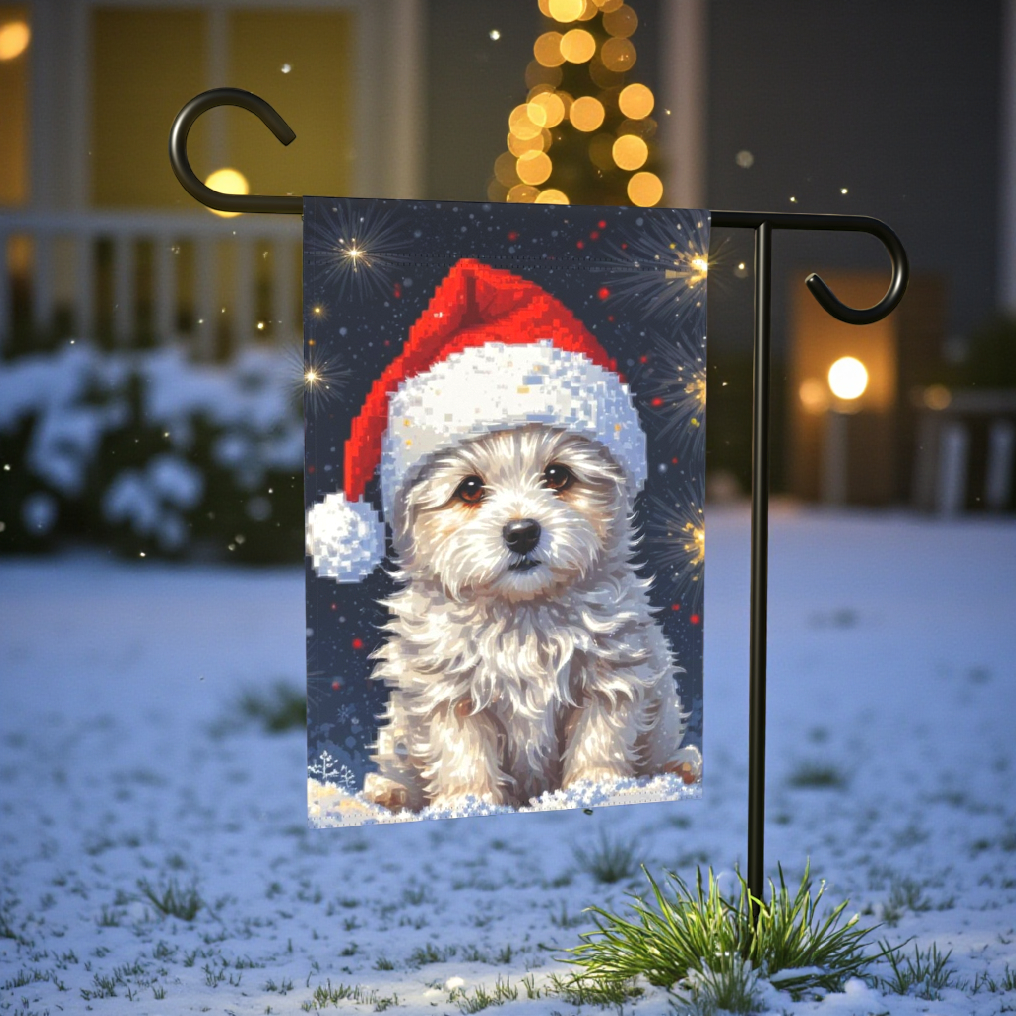 White Fluffy Christmas Puppy Garden Flag - lifestyle display - Dragonfire Gardens