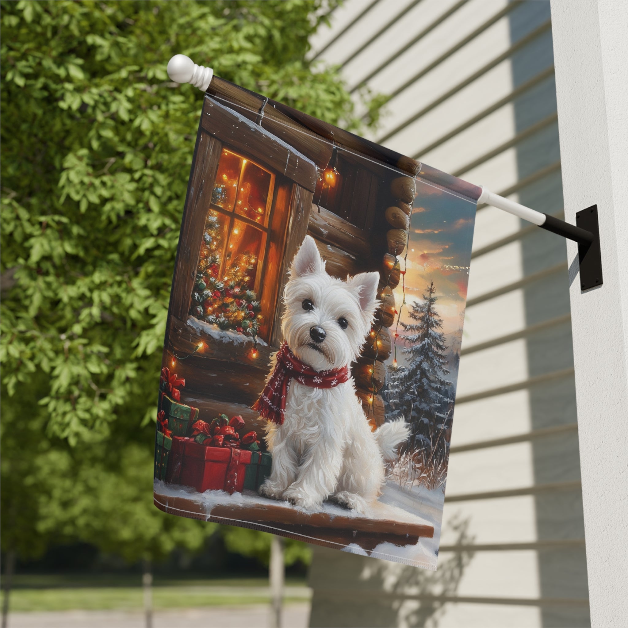 Christmas Westie Garden Flag - close-up detail - Dragonfire Gardens