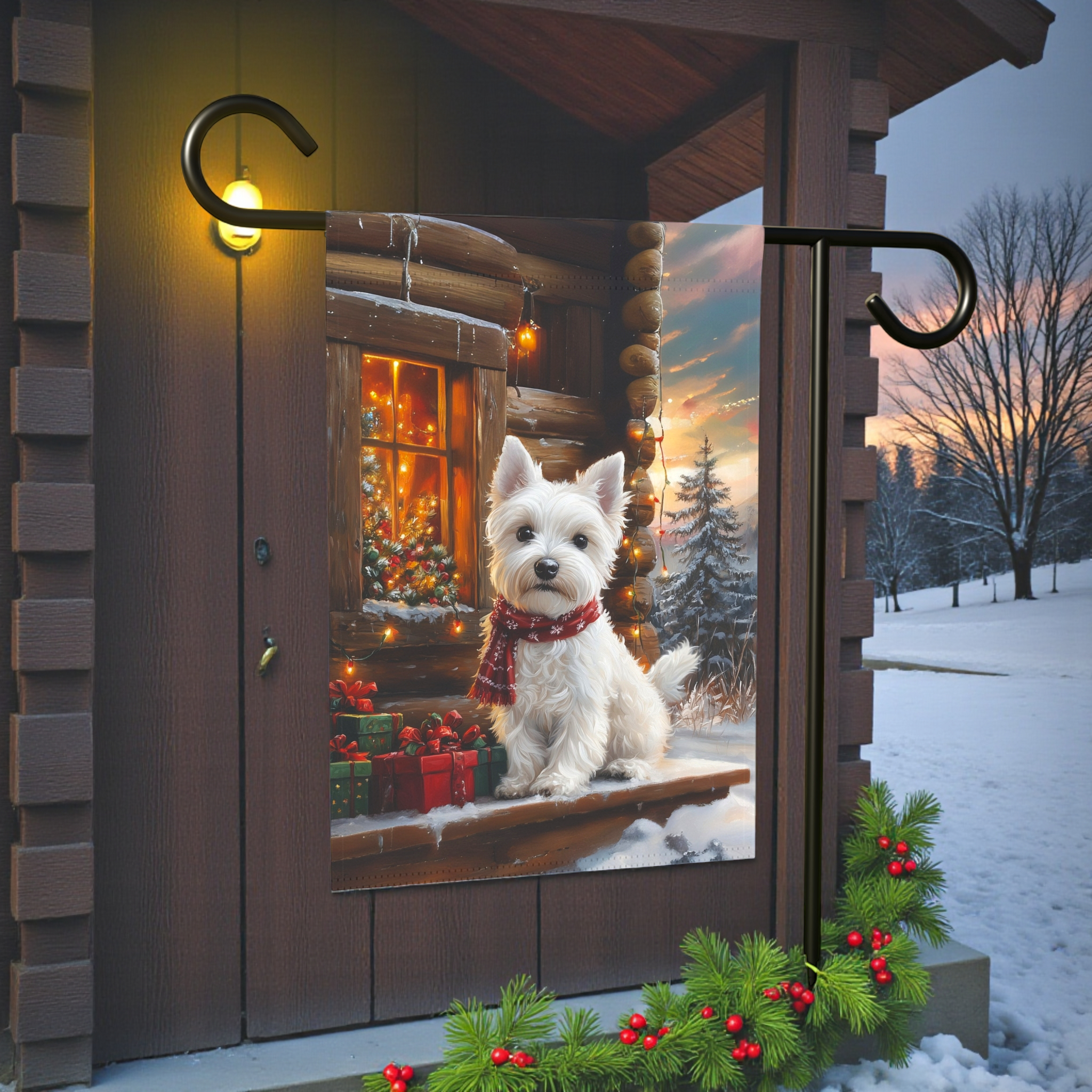 Christmas Westie Garden Flag - lifestyle display - Dragonfire Gardens