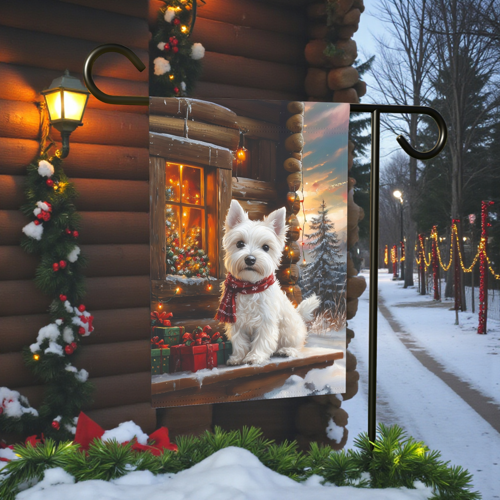 Christmas Westie Garden Flag - front view - Dragonfire Gardens