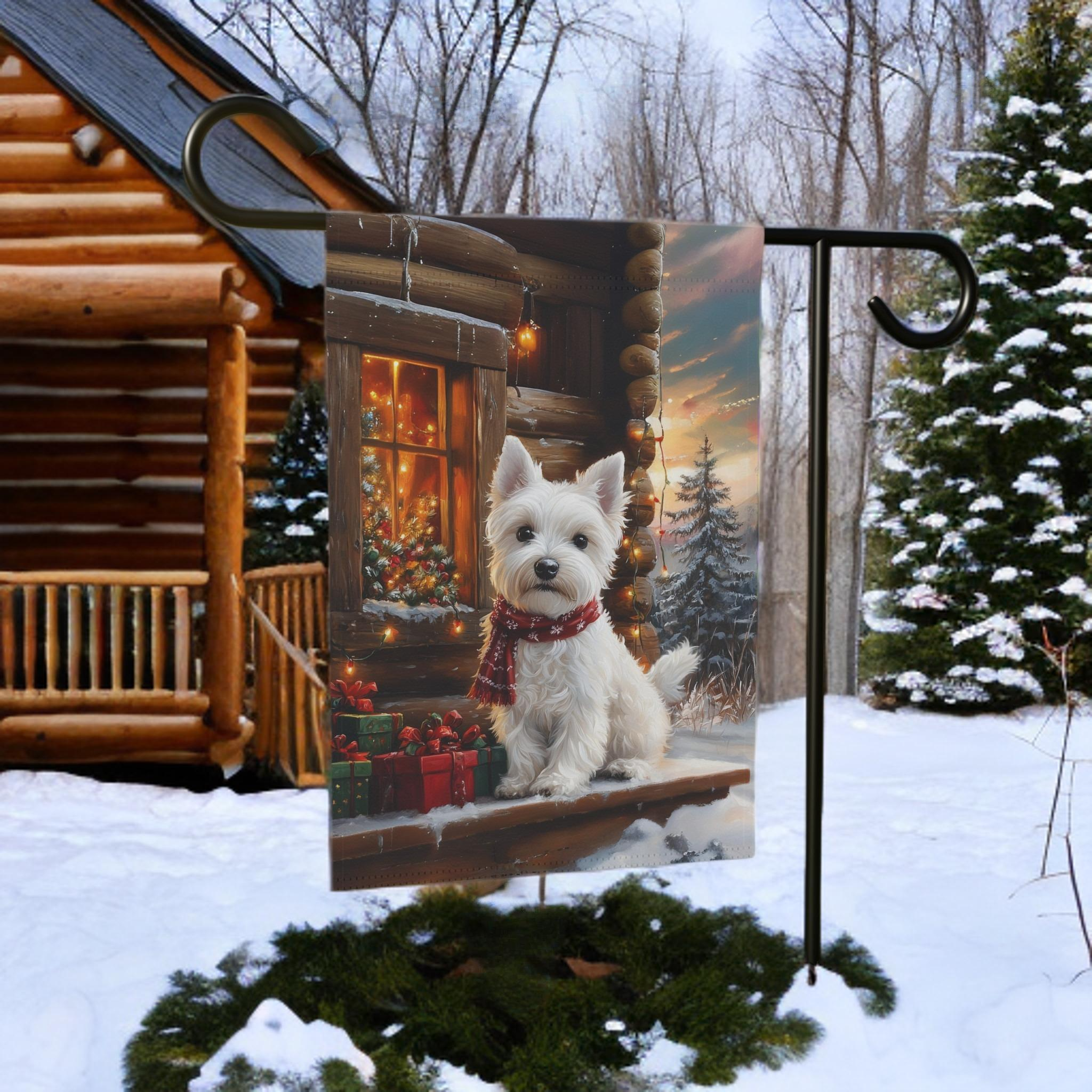 Christmas Westie Garden Flag - size comparison - Dragonfire Gardens