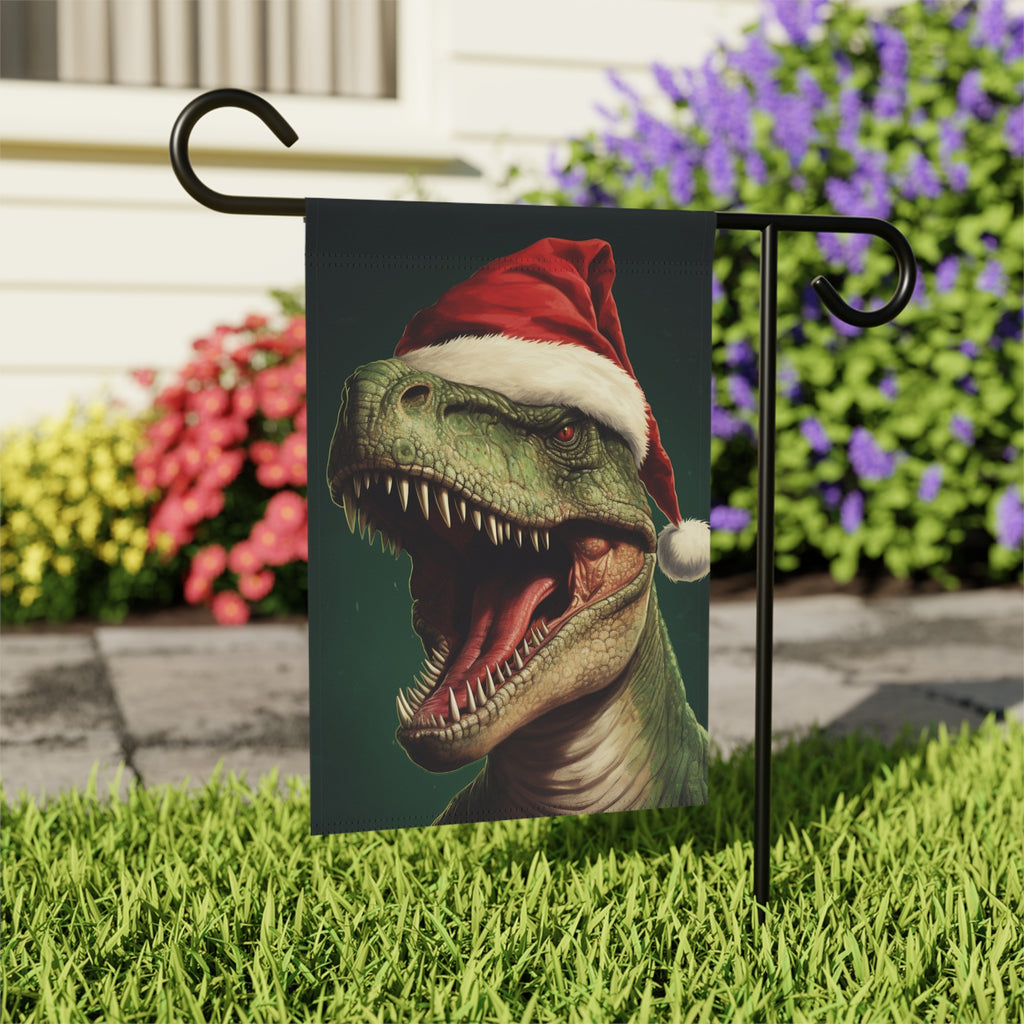 Christmas Dinosaur T-Rex Garden Flag - outdoor display - Dragonfire Gardens