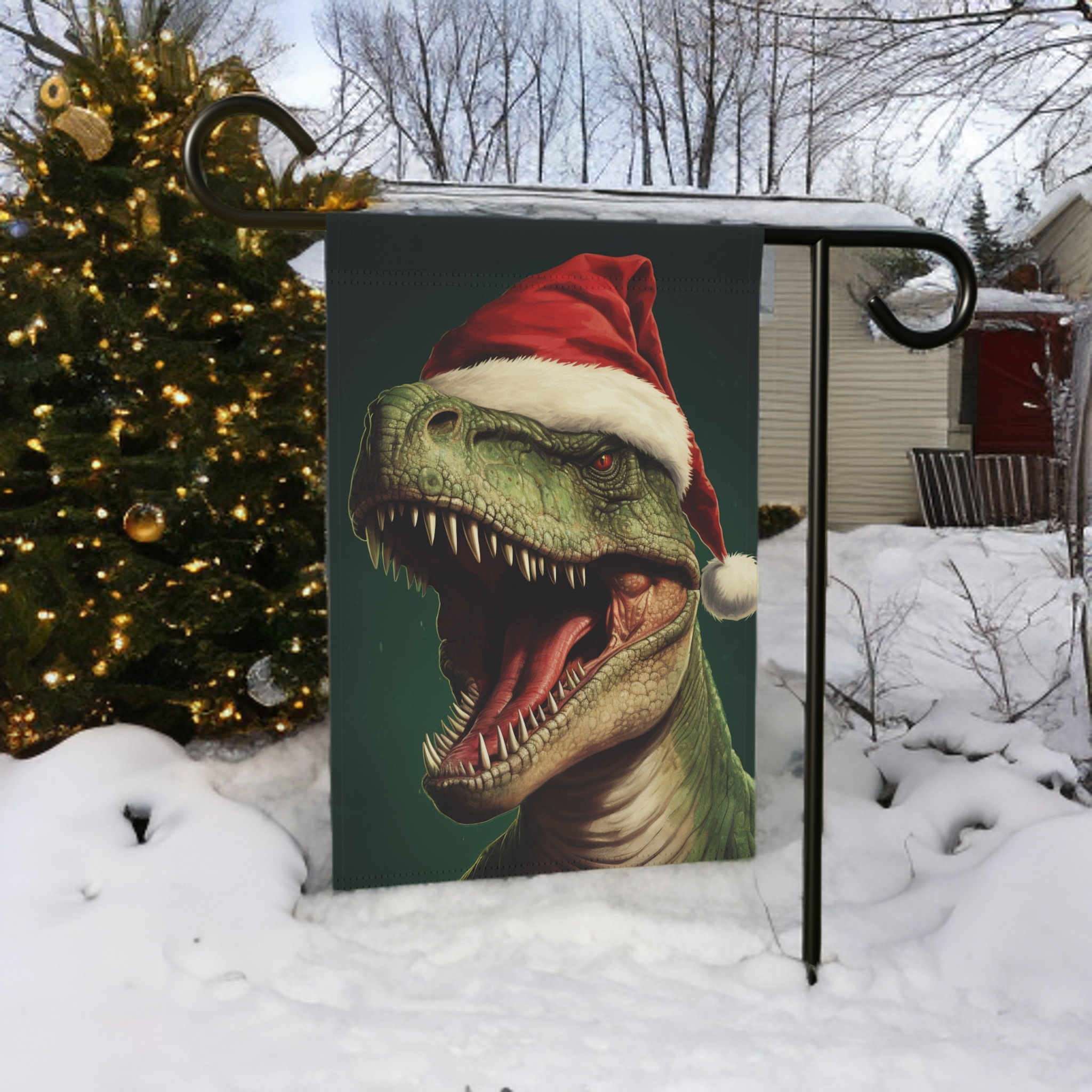 Christmas Dinosaur T-Rex Garden Flag - porch decor - Dragonfire Gardens