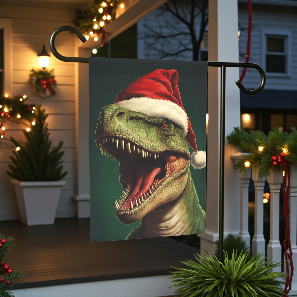 Christmas Dinosaur T-Rex Garden Flag - front view - Dragonfire Gardens