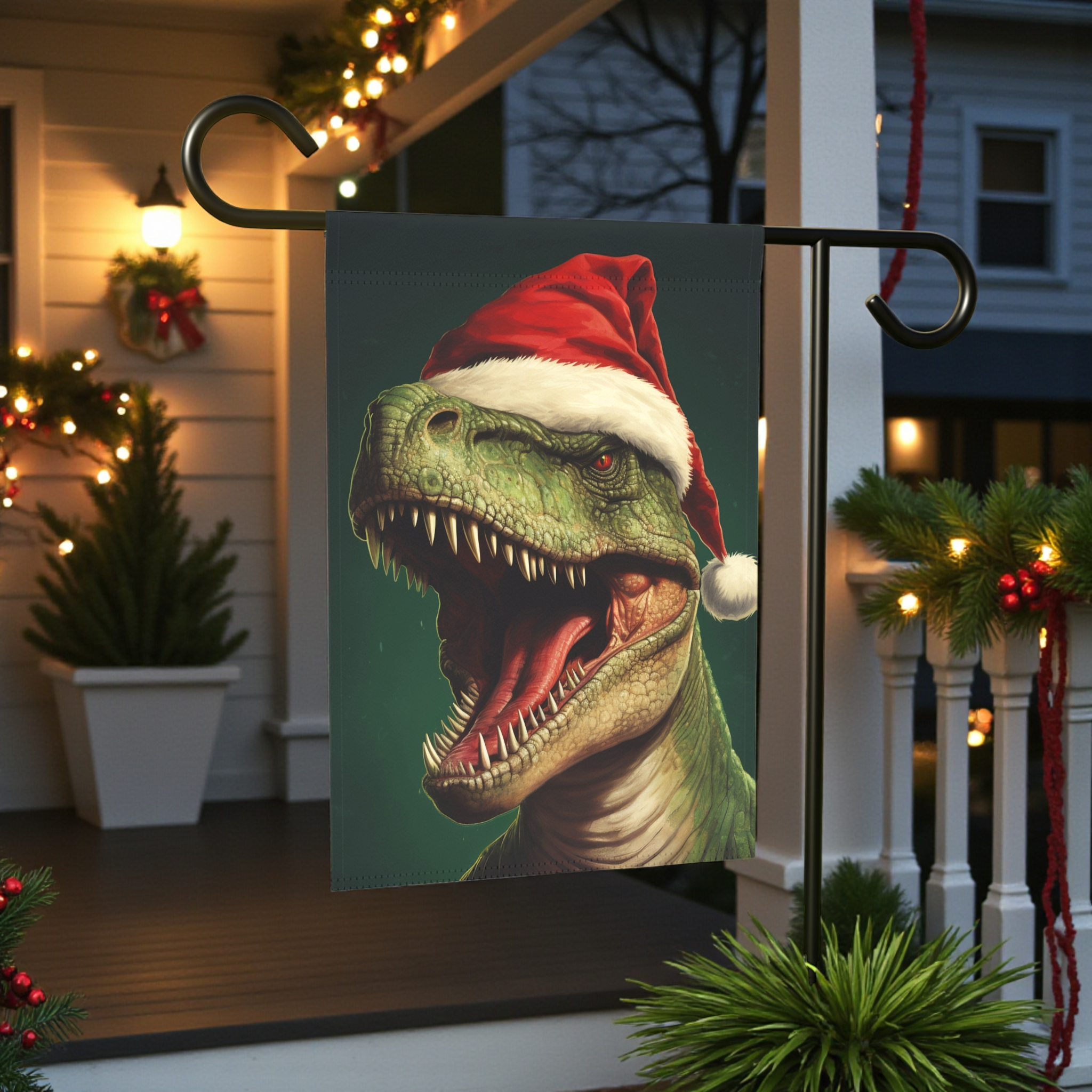Christmas Dinosaur T-Rex Garden Flag - front view - Dragonfire Gardens