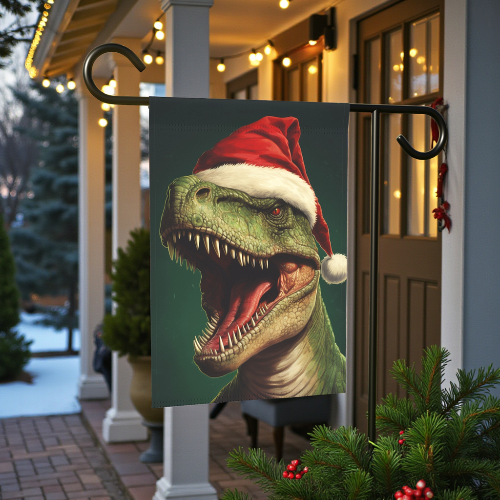 Christmas Dinosaur T-Rex Garden Flag - lifestyle display - Dragonfire Gardens