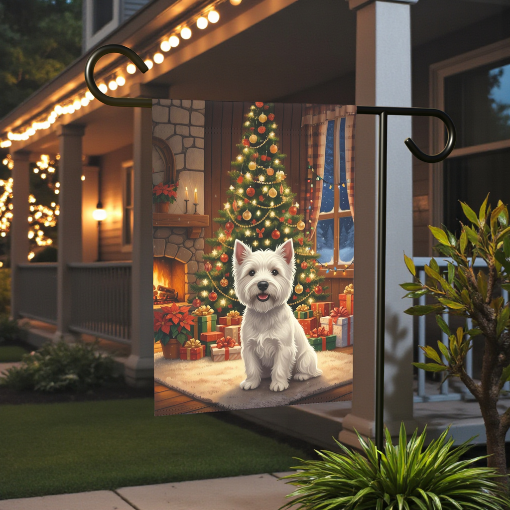 Christmas Tree Westie Garden Flag - lifestyle display - Dragonfire Gardens
