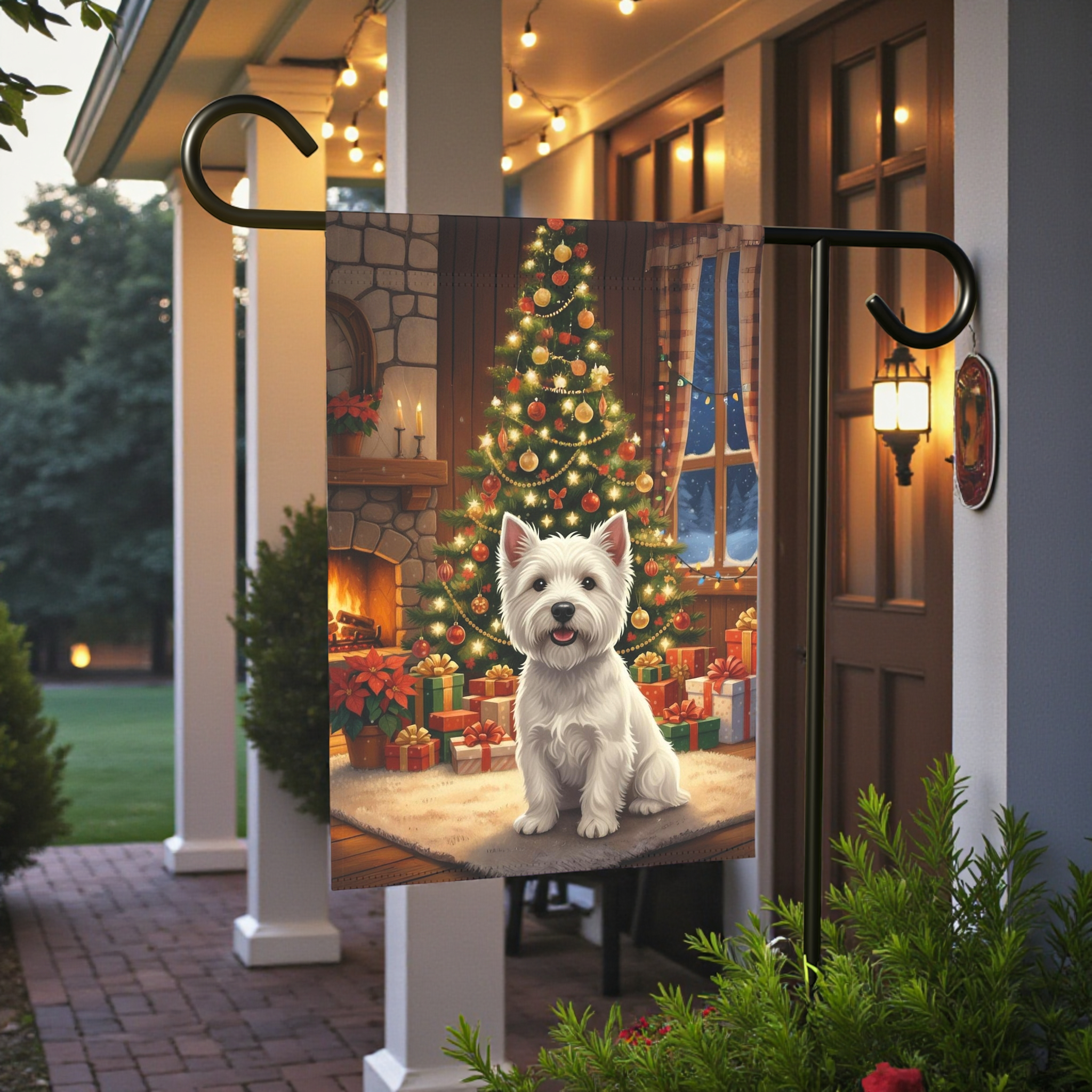 Christmas Tree Westie Garden Flag - front view - Dragonfire Gardens