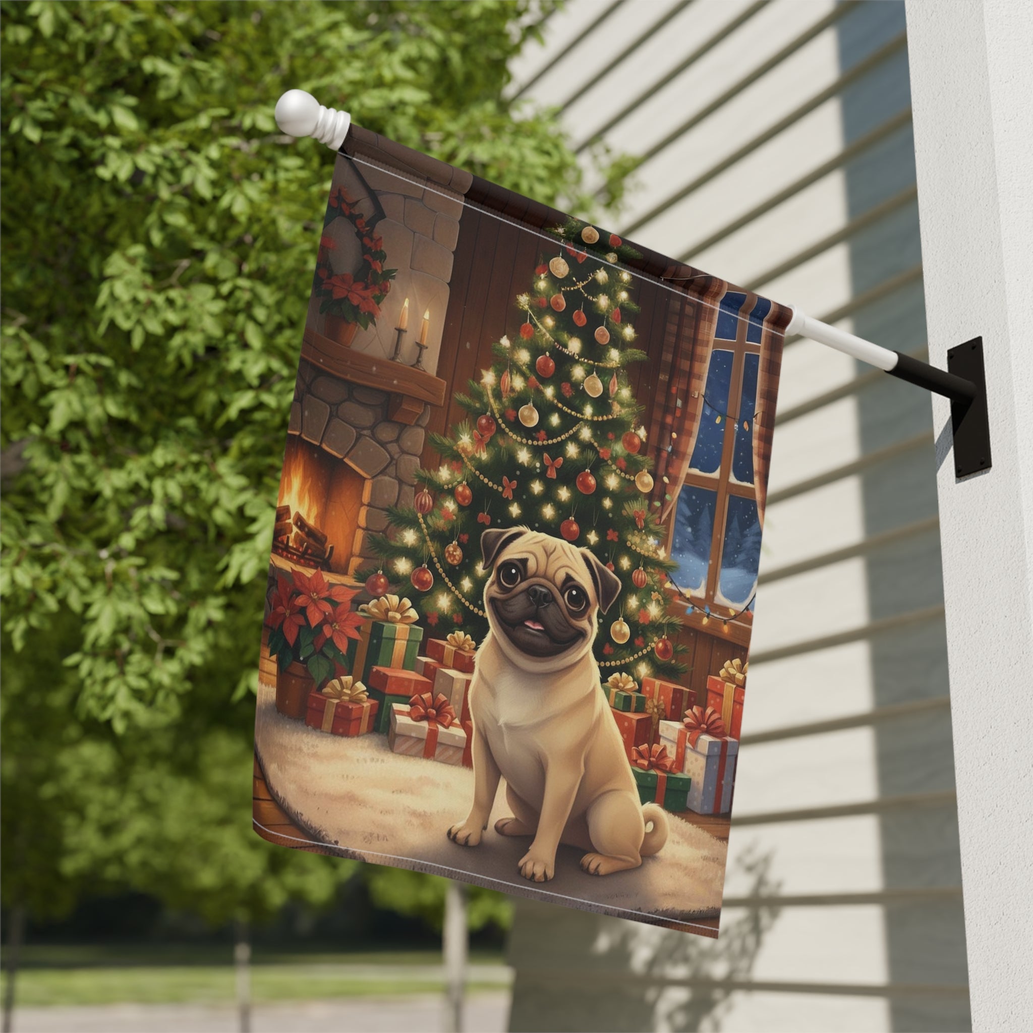 Christmas Tree Pug Garden Flag - close-up detail - Dragonfire Gardens