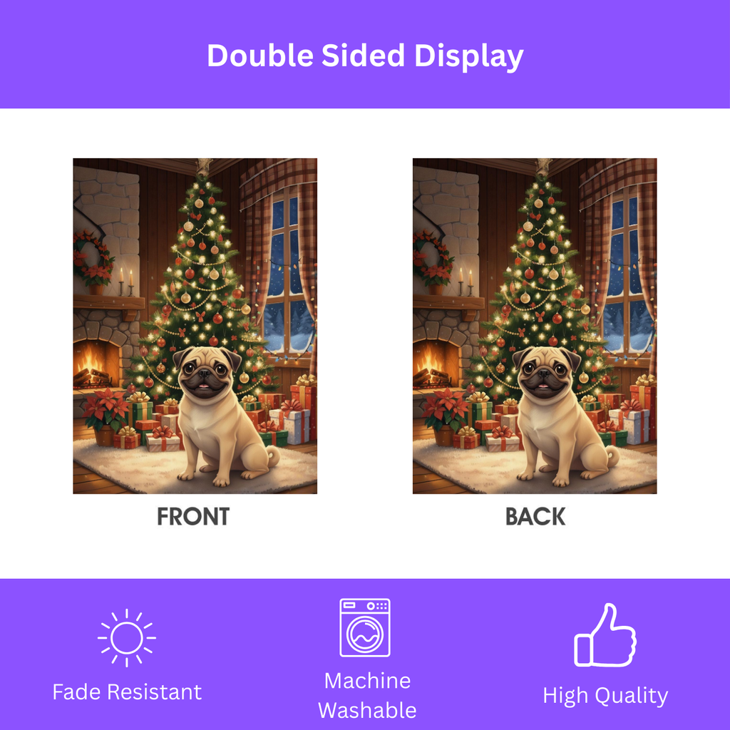 Christmas Tree Pug Garden Flag - double-sided design - Dragonfire Gardens