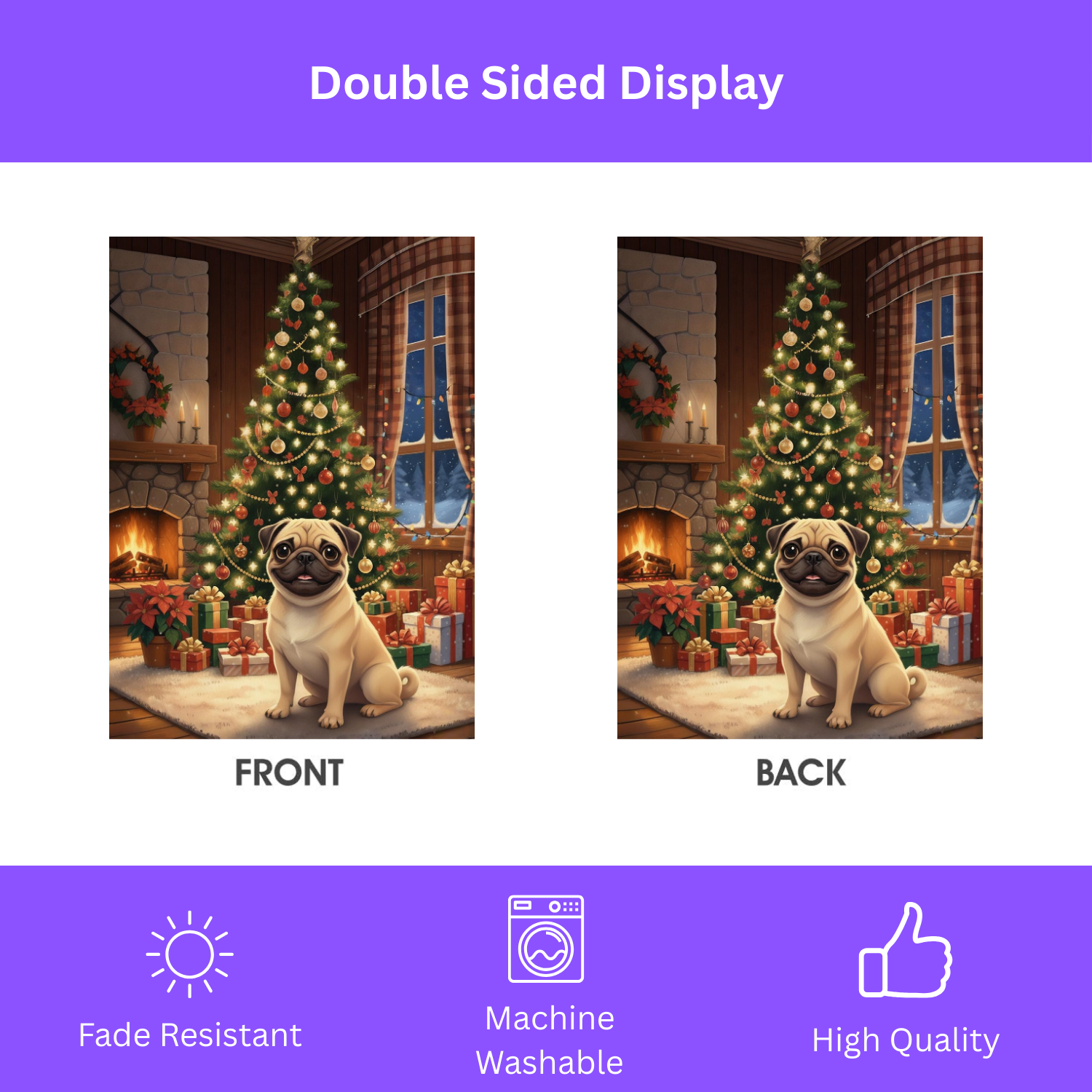 Christmas Tree Pug Garden Flag - double-sided design - Dragonfire Gardens