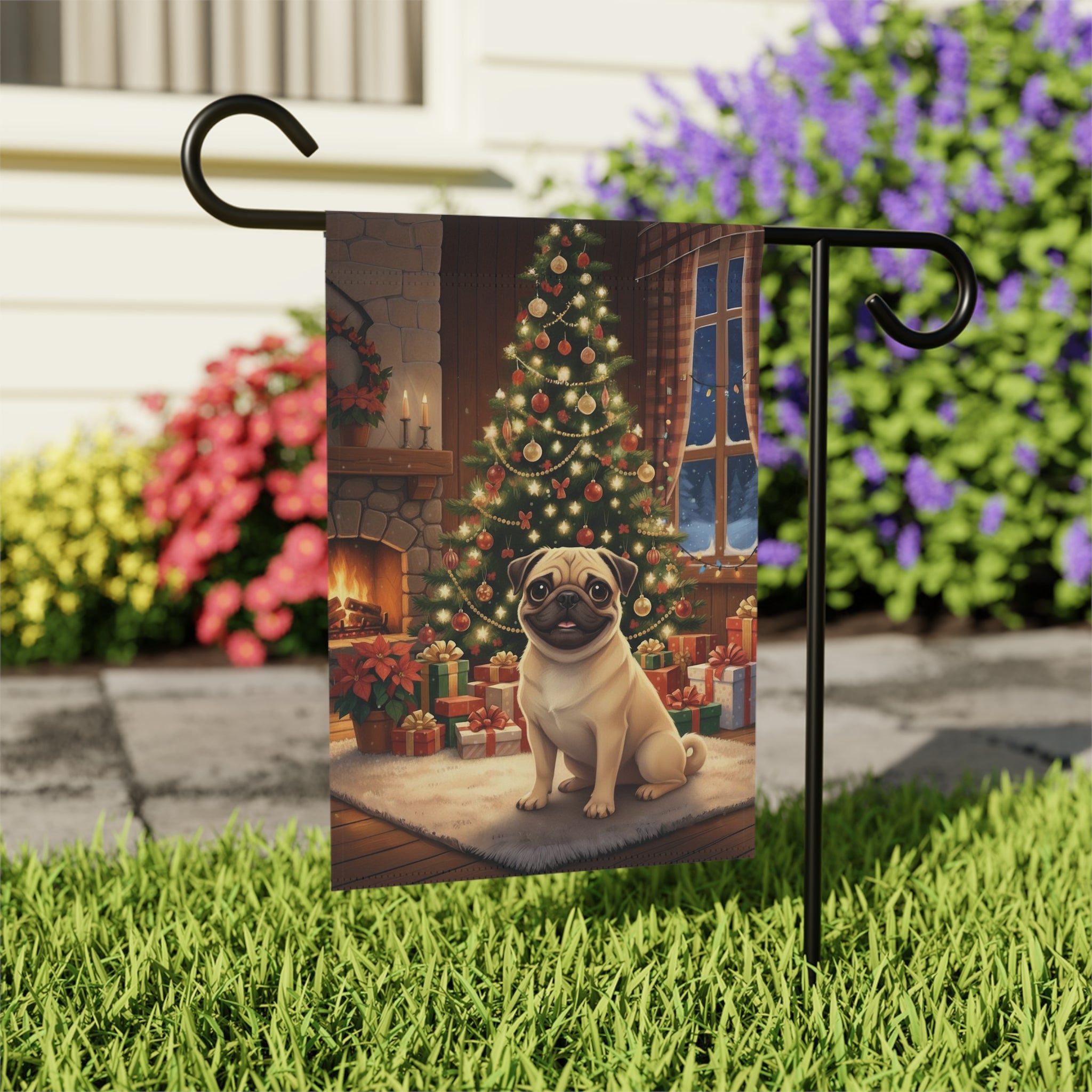 Christmas Tree Pug Garden Flag - outdoor display - Dragonfire Gardens