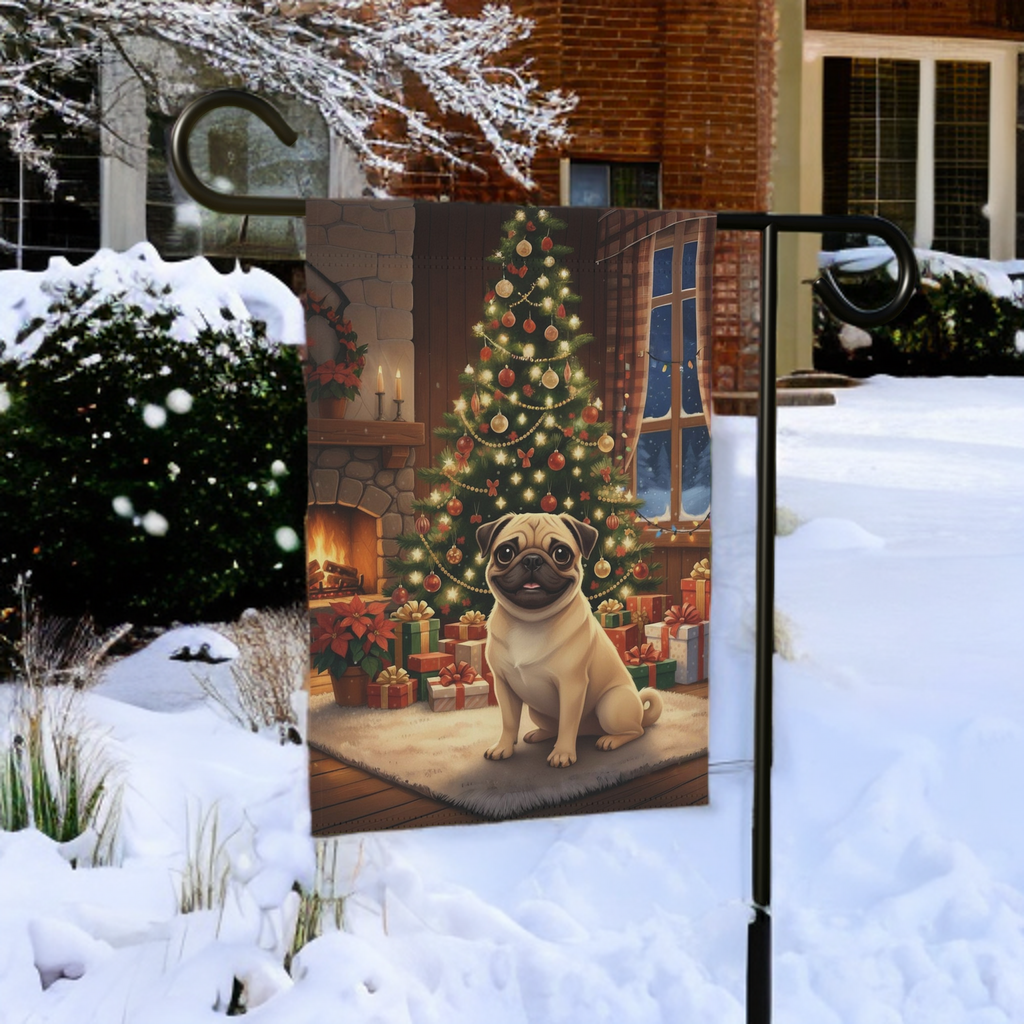 Christmas Tree Pug Garden Flag - lifestyle display - Dragonfire Gardens
