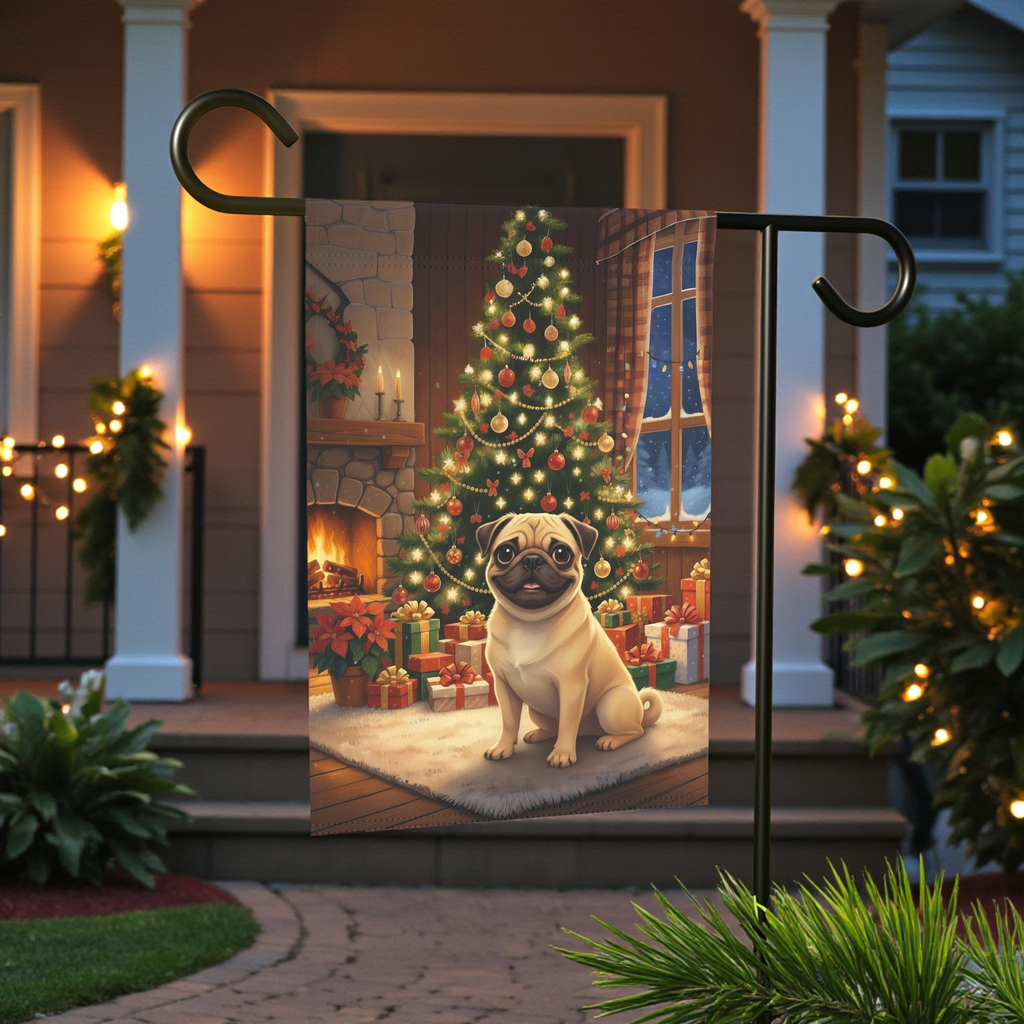Christmas Tree Pug Garden Flag - front view - Dragonfire Gardens