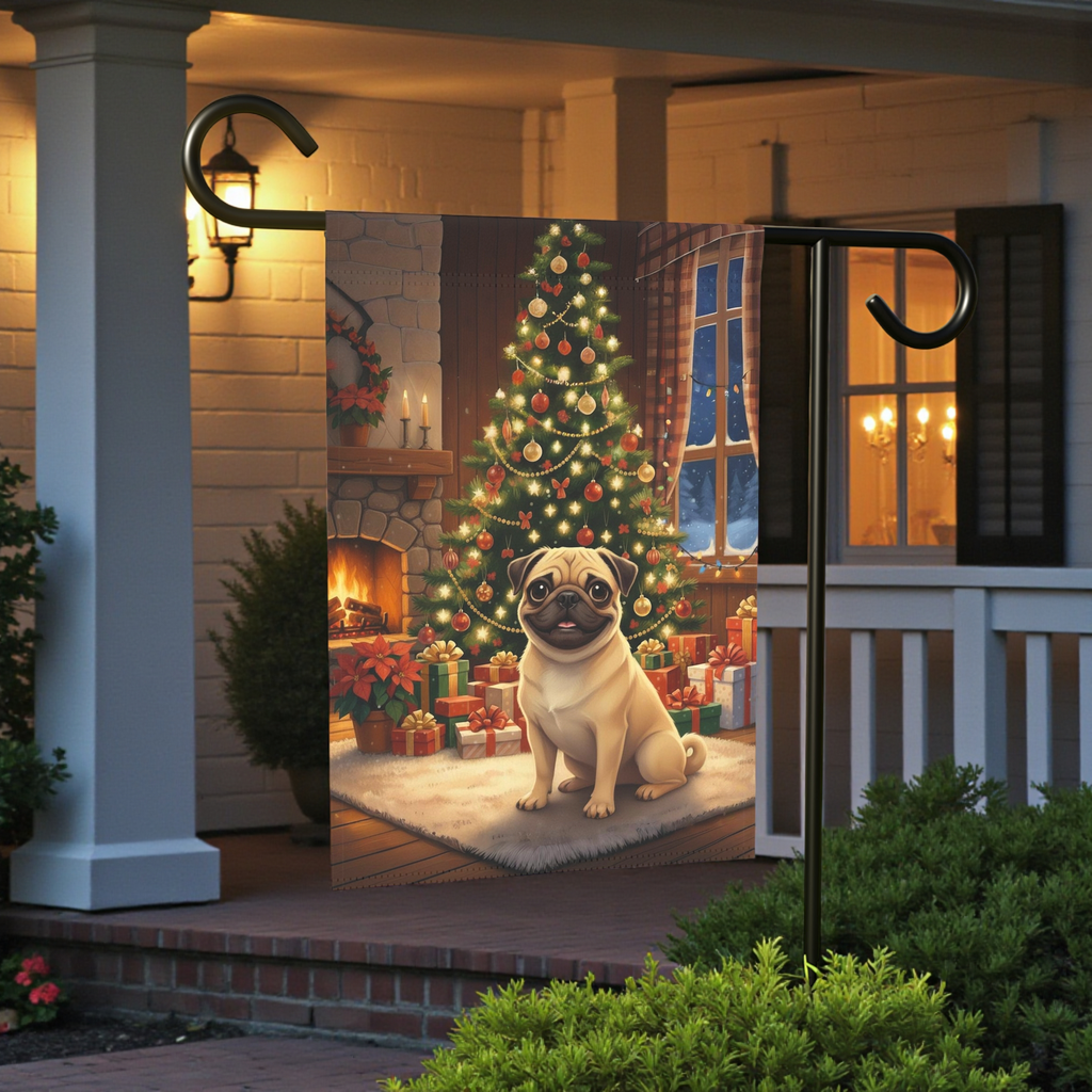 Christmas Tree Pug Garden Flag - size comparison - Dragonfire Gardens