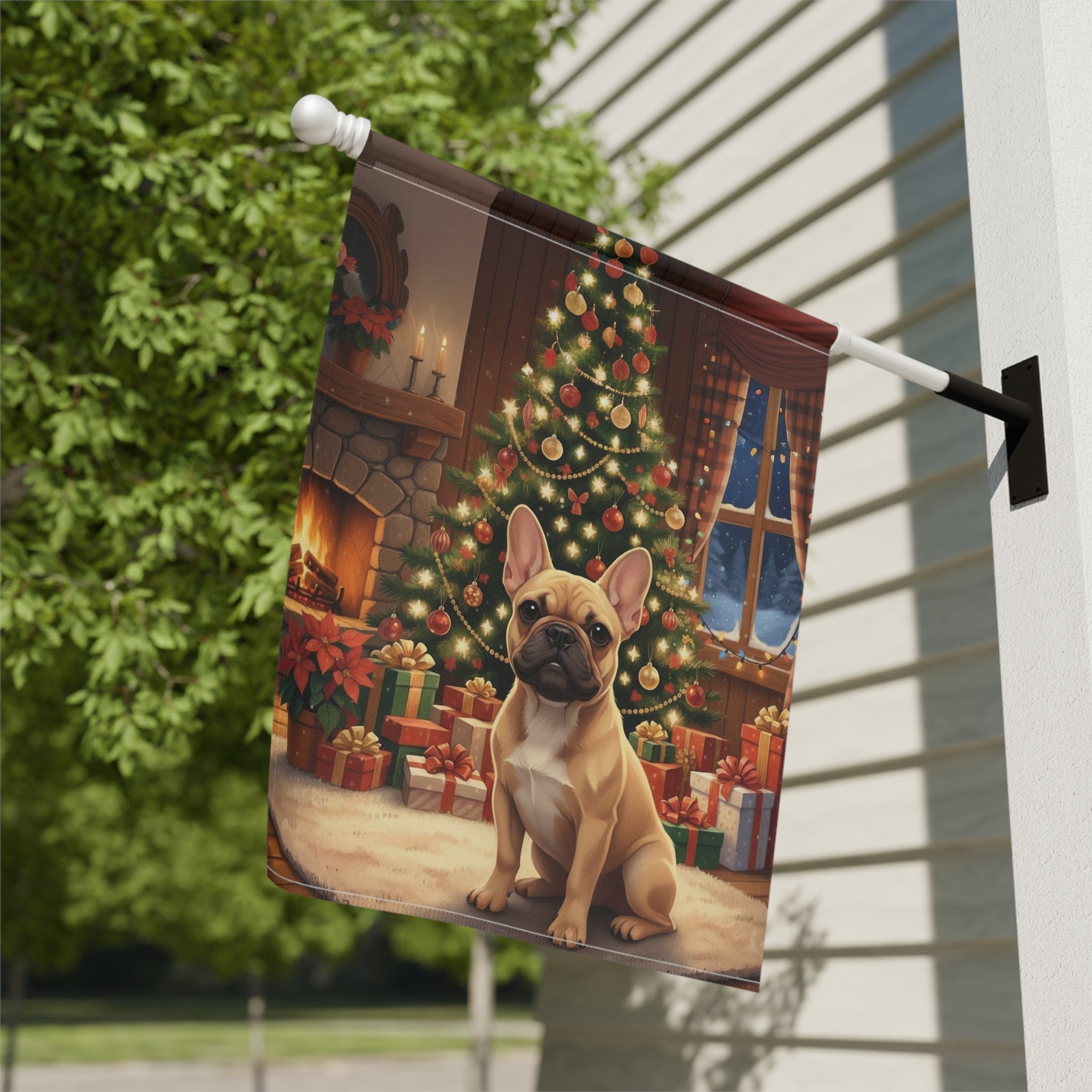 Christmas Tree French Bulldog Garden Flag - close-up detail - Dragonfire Gardens