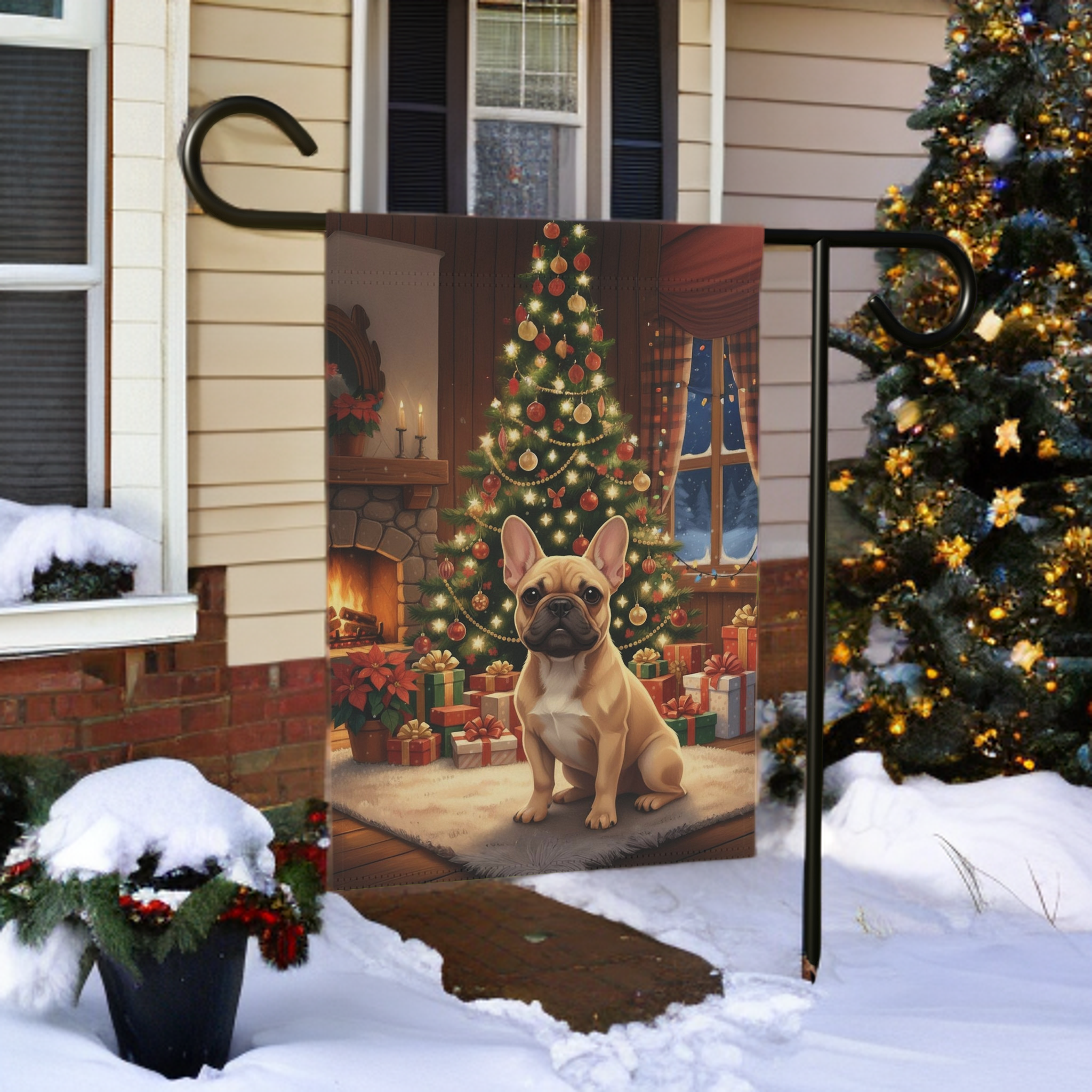 Christmas Tree French Bulldog Garden Flag - size comparison - Dragonfire Gardens