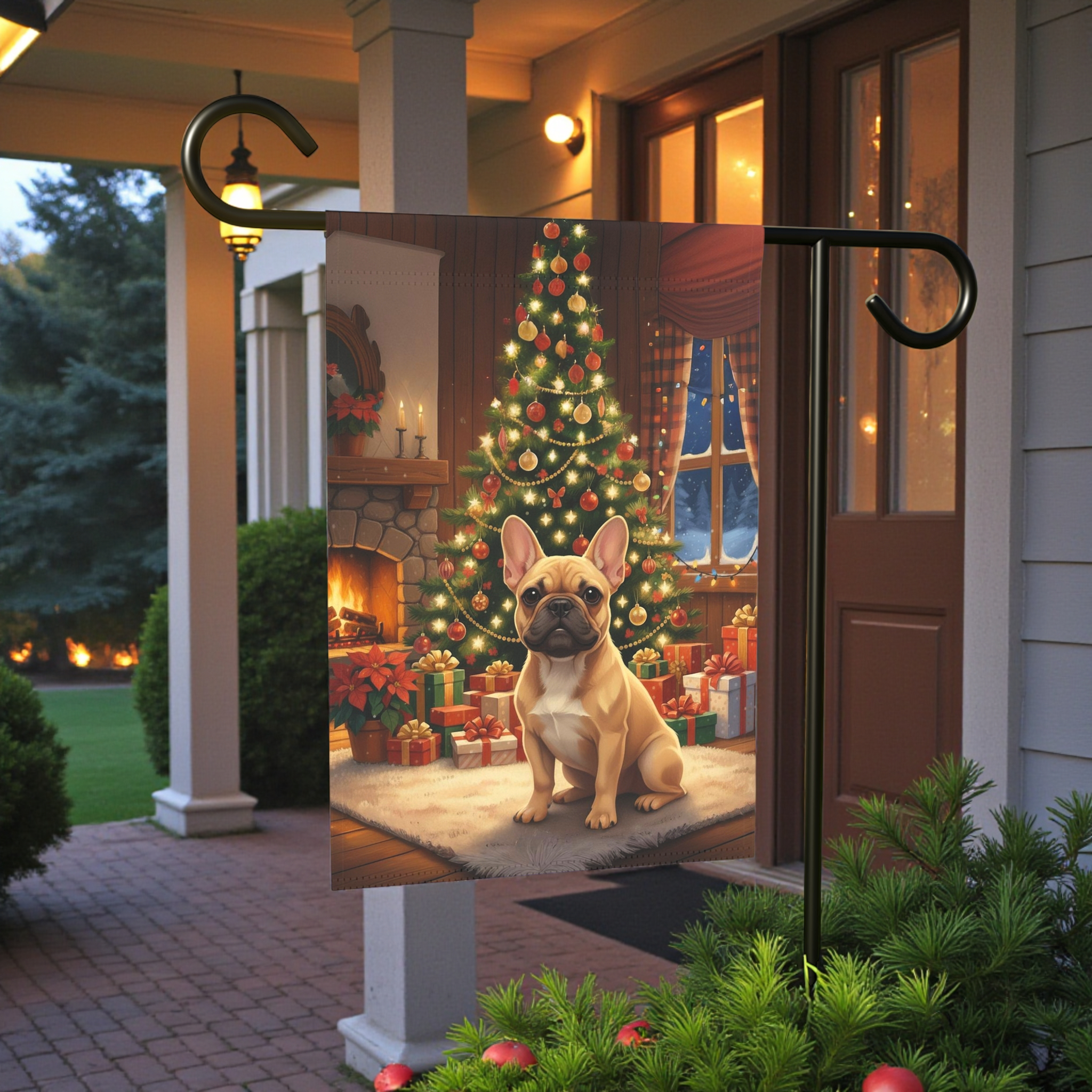 Christmas Tree French Bulldog Garden Flag - front view - Dragonfire Gardens