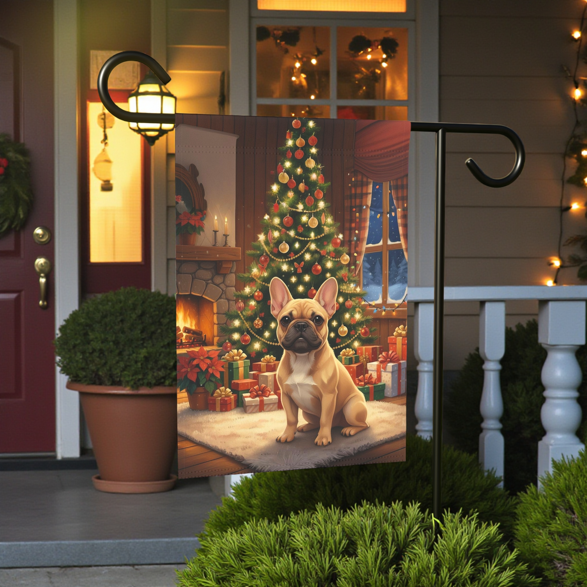 Christmas Tree French Bulldog Garden Flag - lifestyle display - Dragonfire Gardens