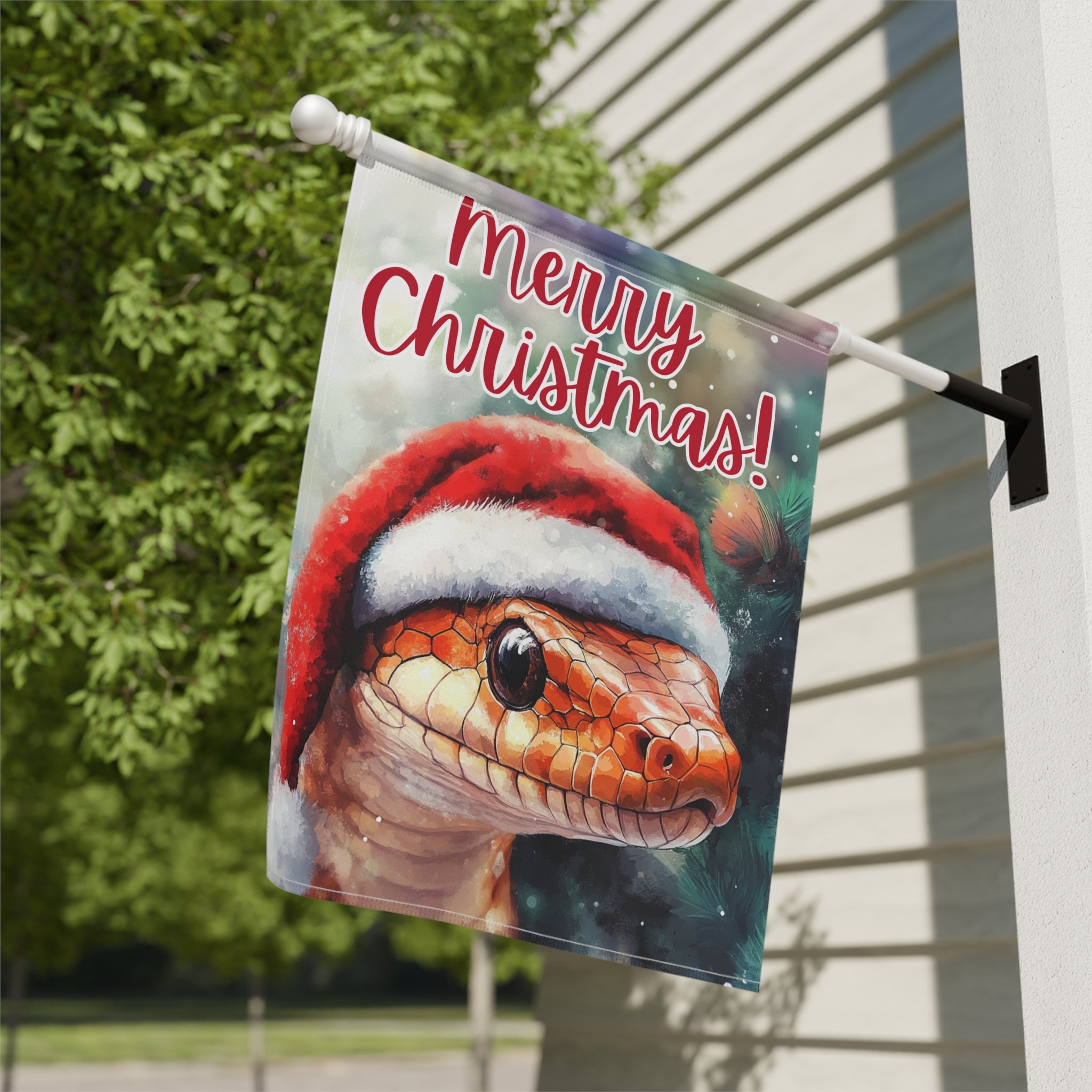 Merry Christmas Snake Garden Flag - close-up detail - Dragonfire Gardens