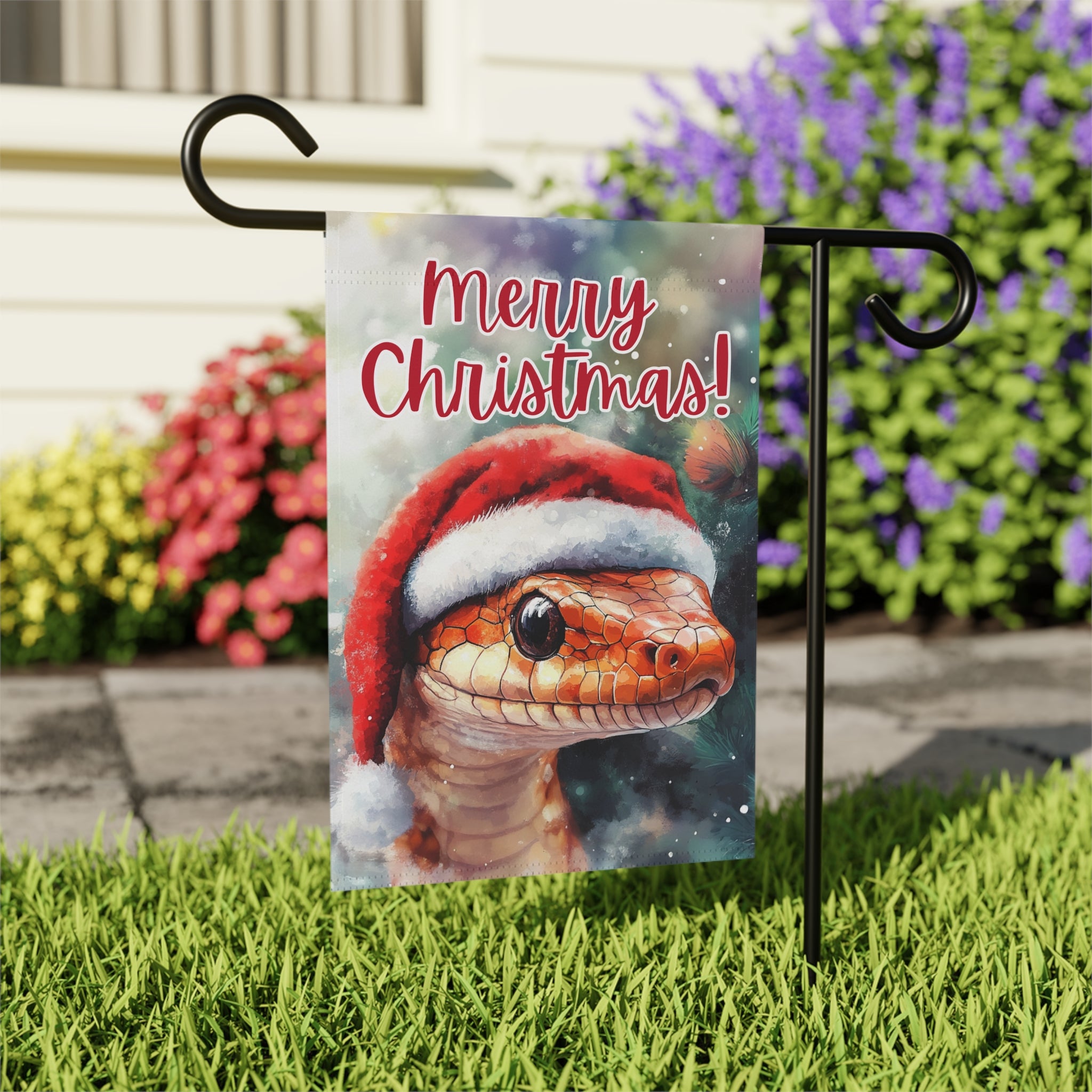 Merry Christmas Snake Garden Flag - outdoor display - Dragonfire Gardens