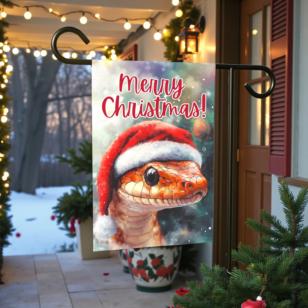 Merry Christmas Snake Garden Flag - lifestyle display - Dragonfire Gardens