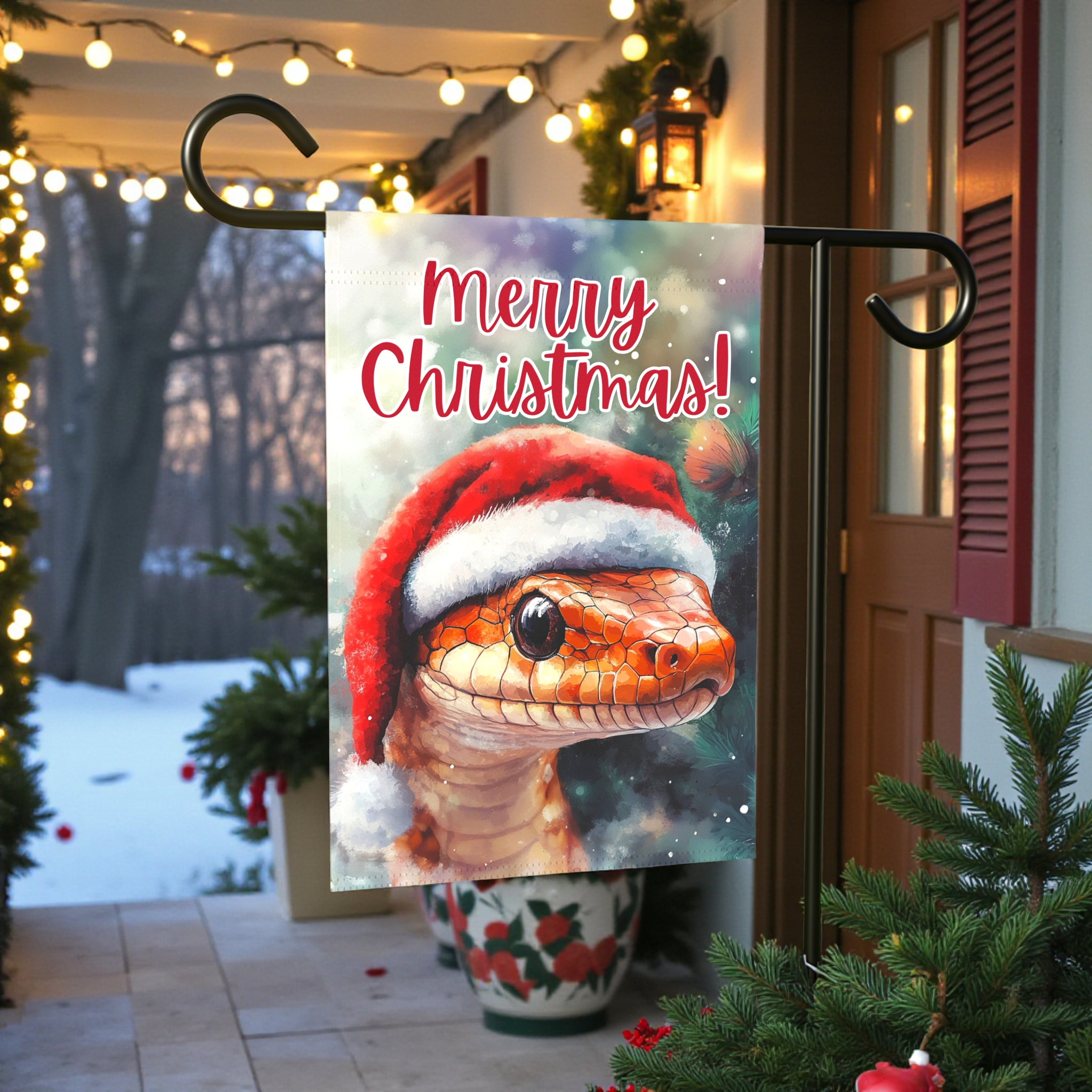 Merry Christmas Snake Garden Flag - lifestyle display - Dragonfire Gardens